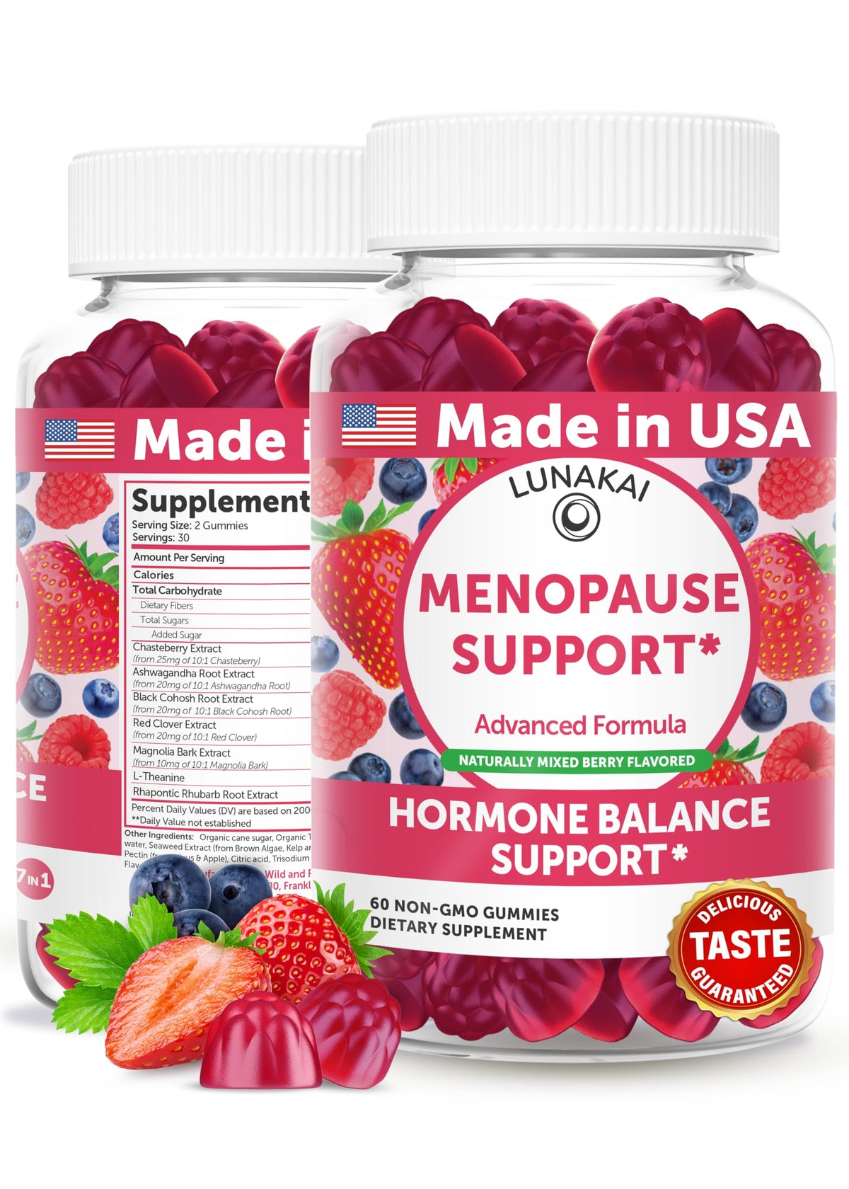 Lunakai menopause relief gummies bottle front view for hot flash support.