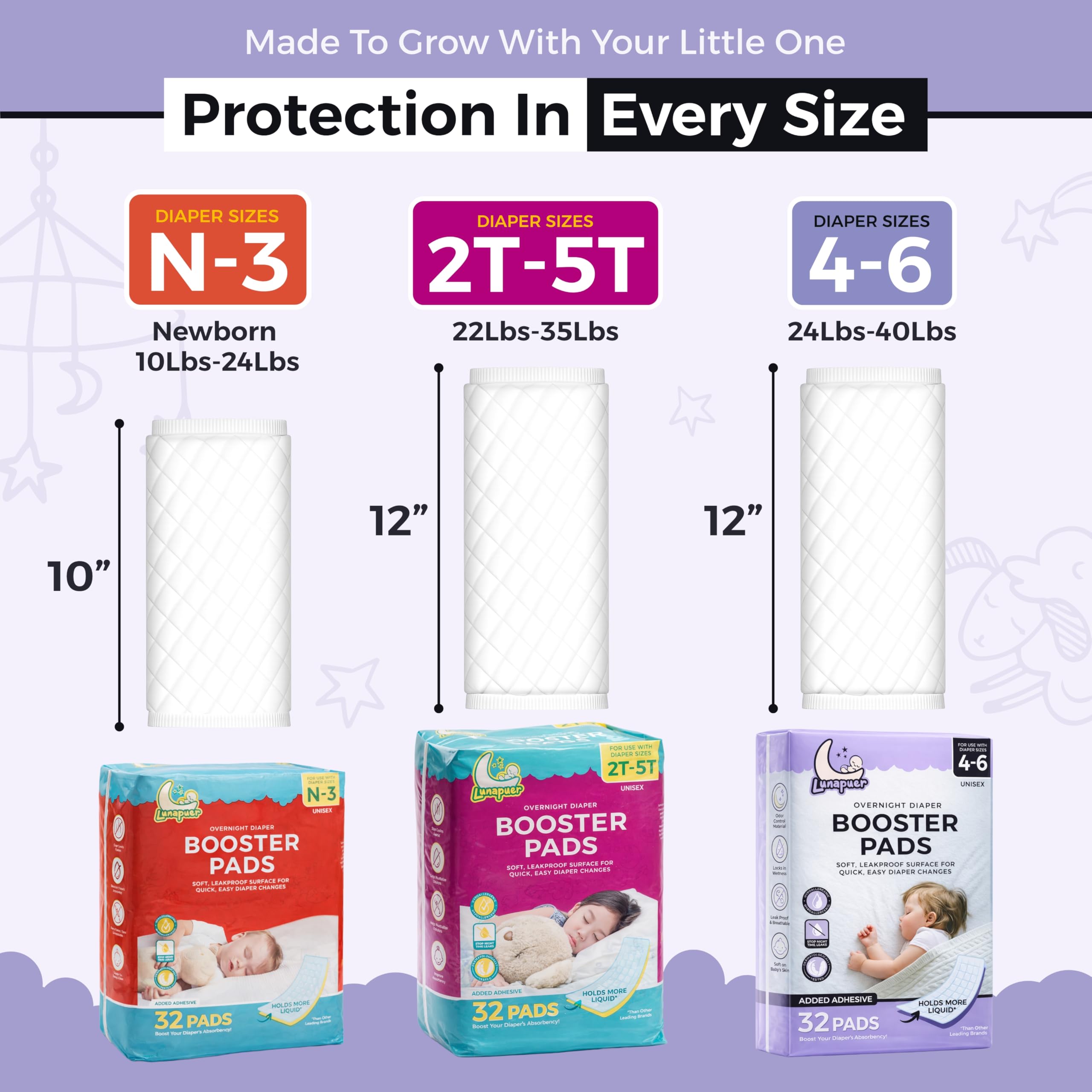 Lunapuer 32-count booster pads for reliable bedtime protection.