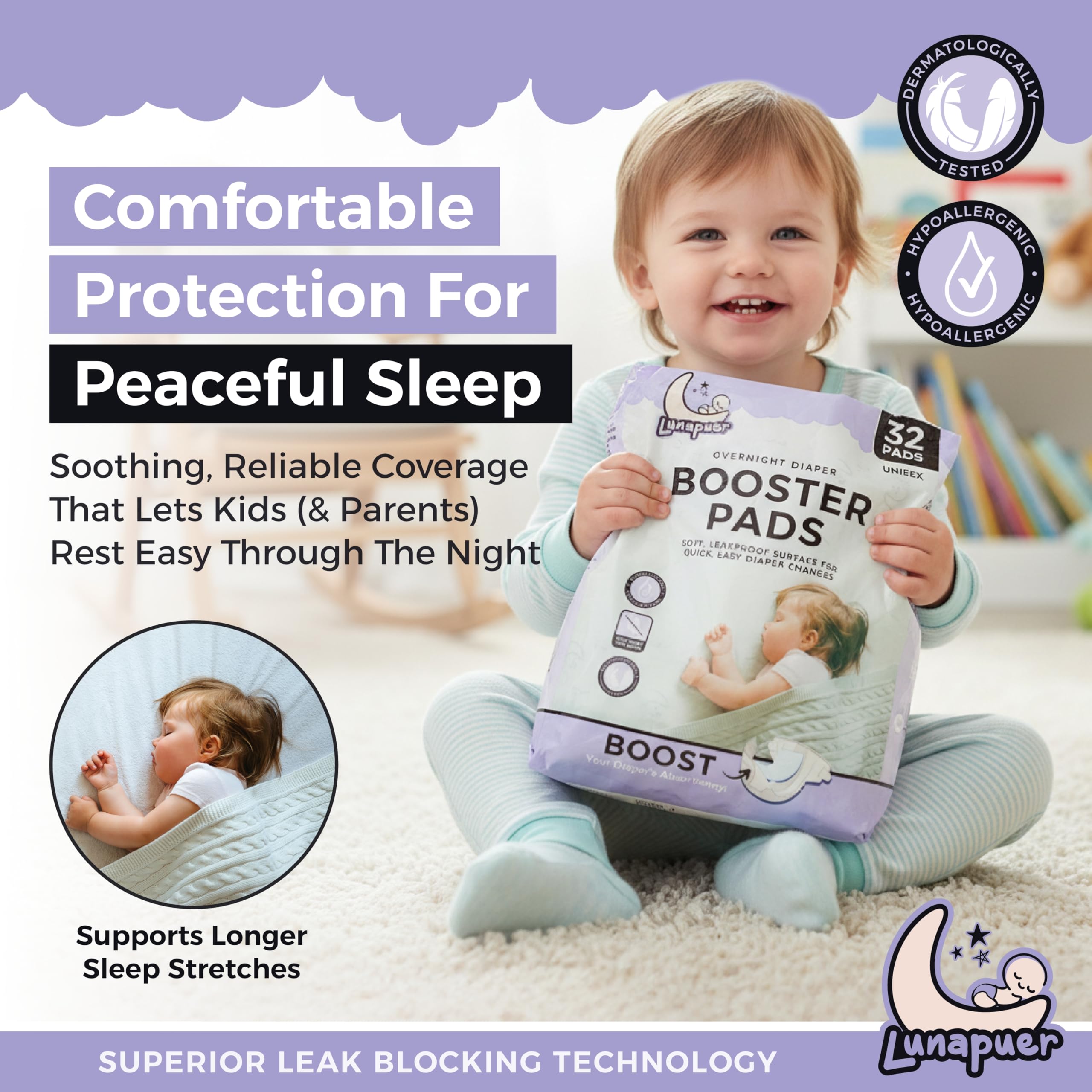 Lunapuer adhesive diaper insert with secure-fit to stay put.