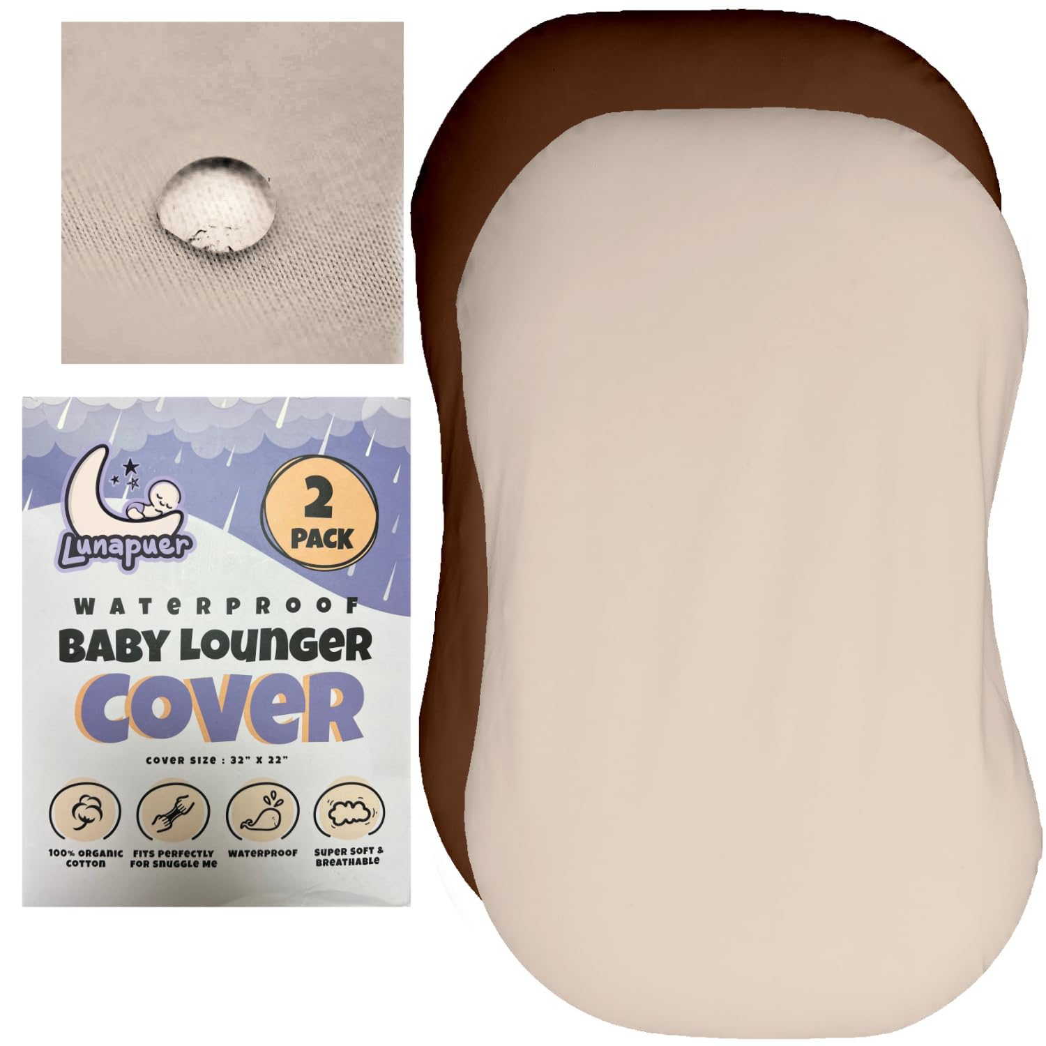 Lunapuer waterproof cream lounger cover protecting spills during baby nap time.