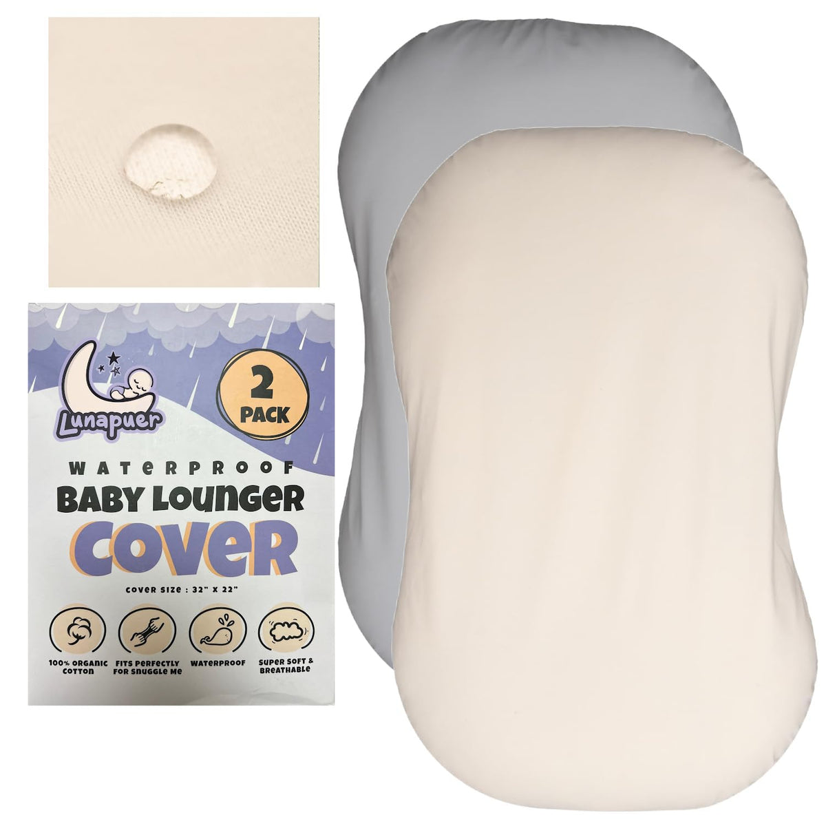 Lunapuer gray waterproof baby lounger cover, spill protection for naps