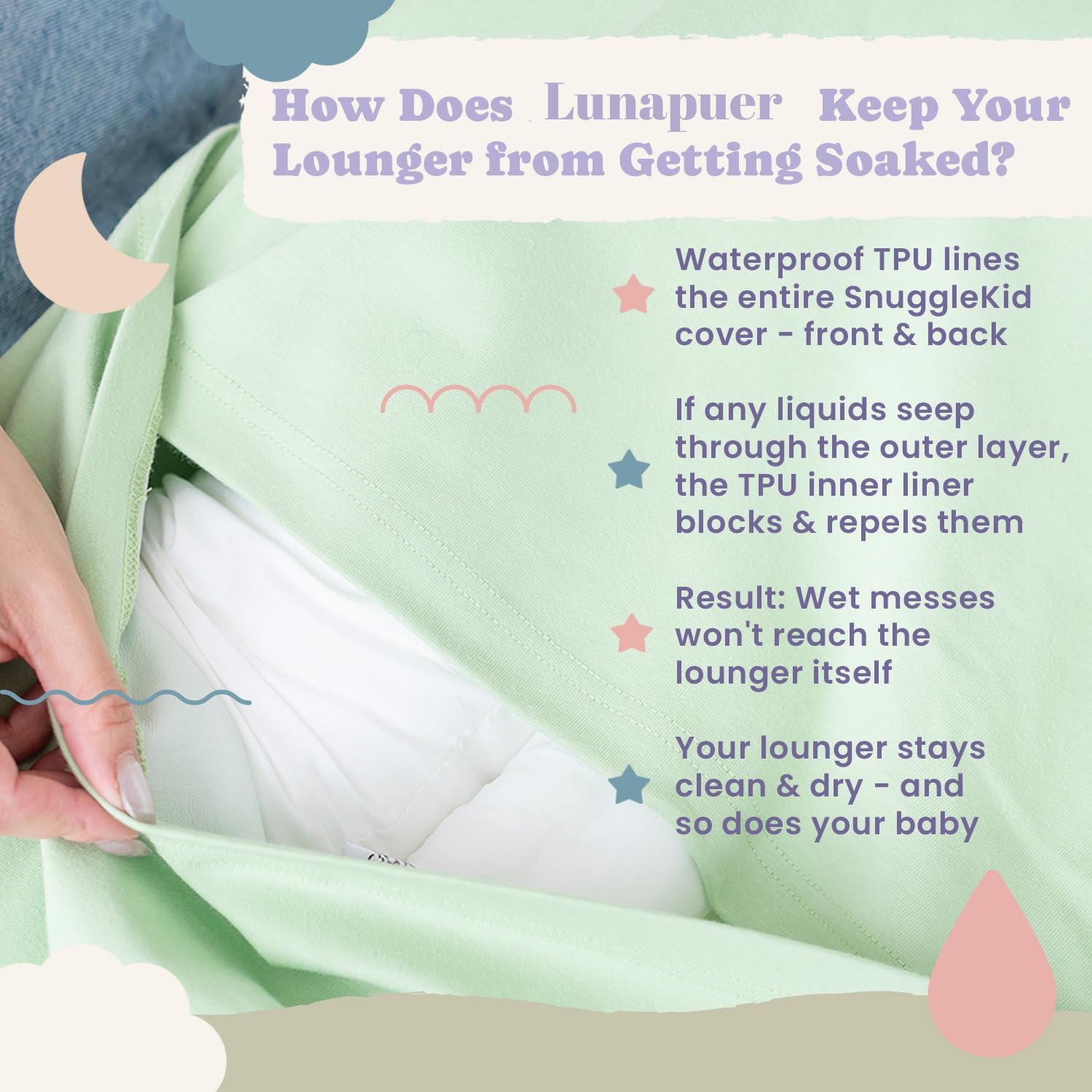 Lunapuer cover on a lounger showing easy on-off fit