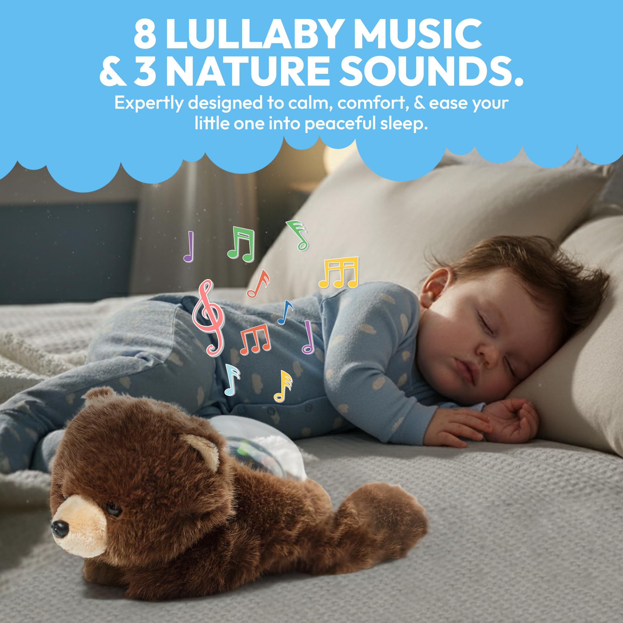 Lunapuer Sound Sleepers Bear lullaby music plays eight tunes to soothe baby.
