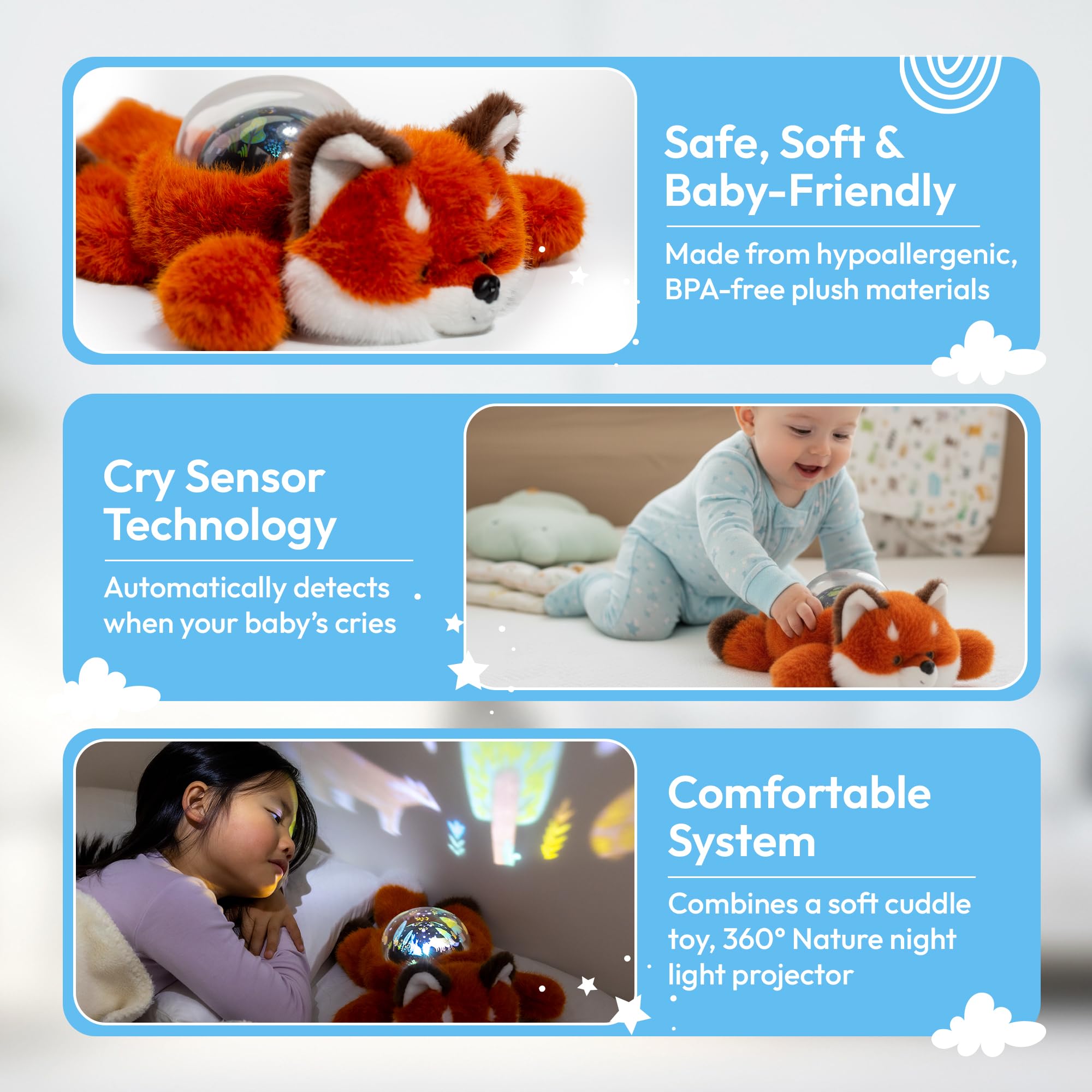Lunapuer Sound Sleepers Fox features cry detection sensors for ambient light when needed.