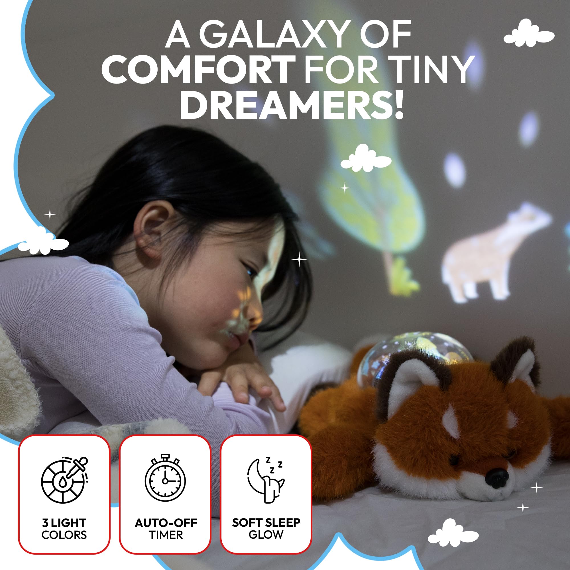 Lunapuer fox plush night light with projector fills the nursery with gentle visuals.