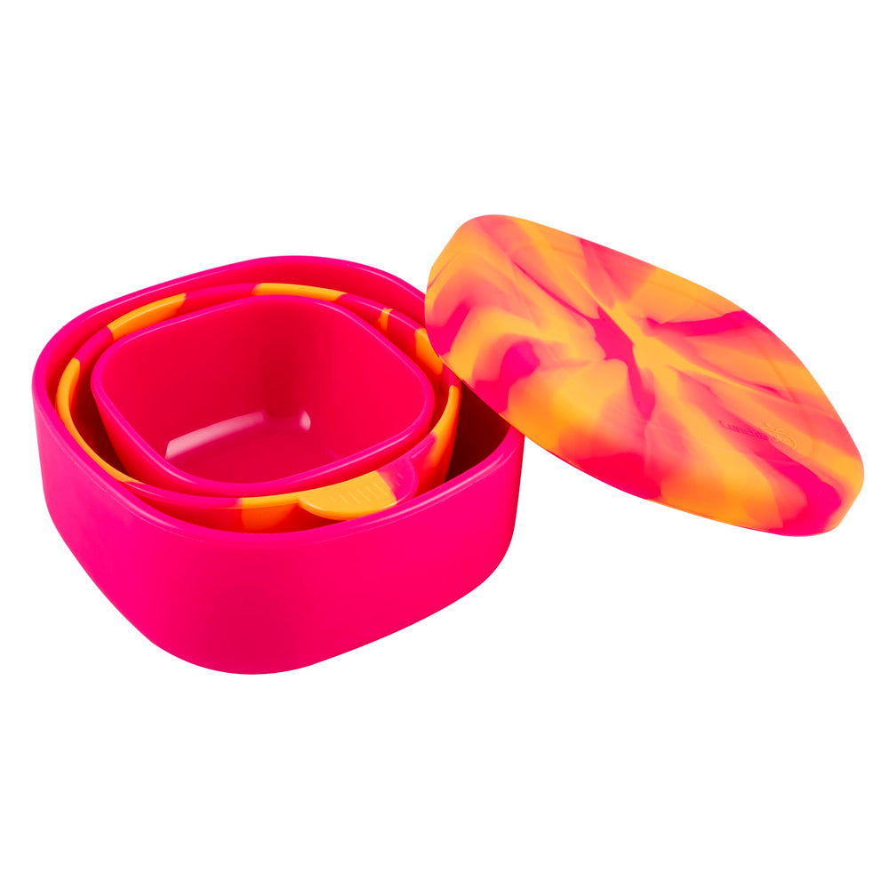 LunchBots silicone bowl set of three in pink swirl, stackable for easy snack organization.