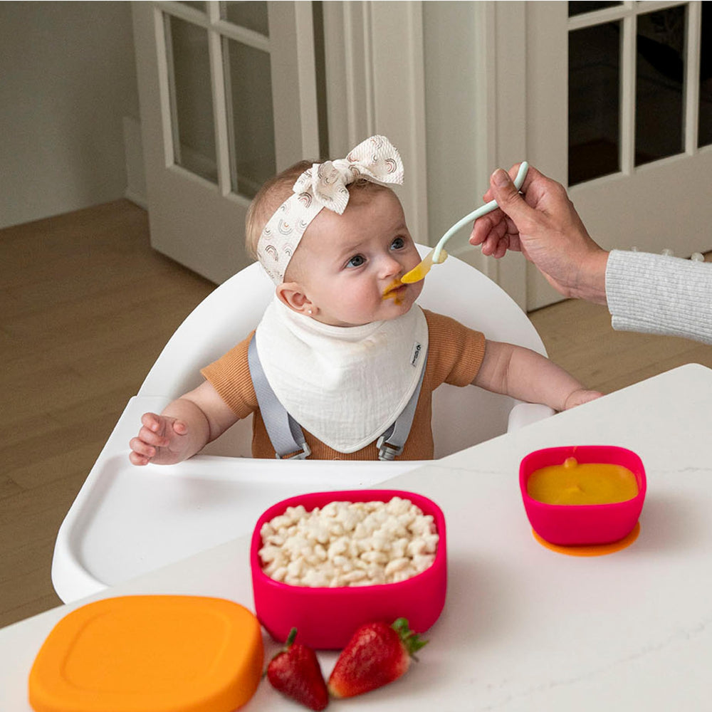 LunchBots stackable bowls ready for home dining and on-the-go snacks.