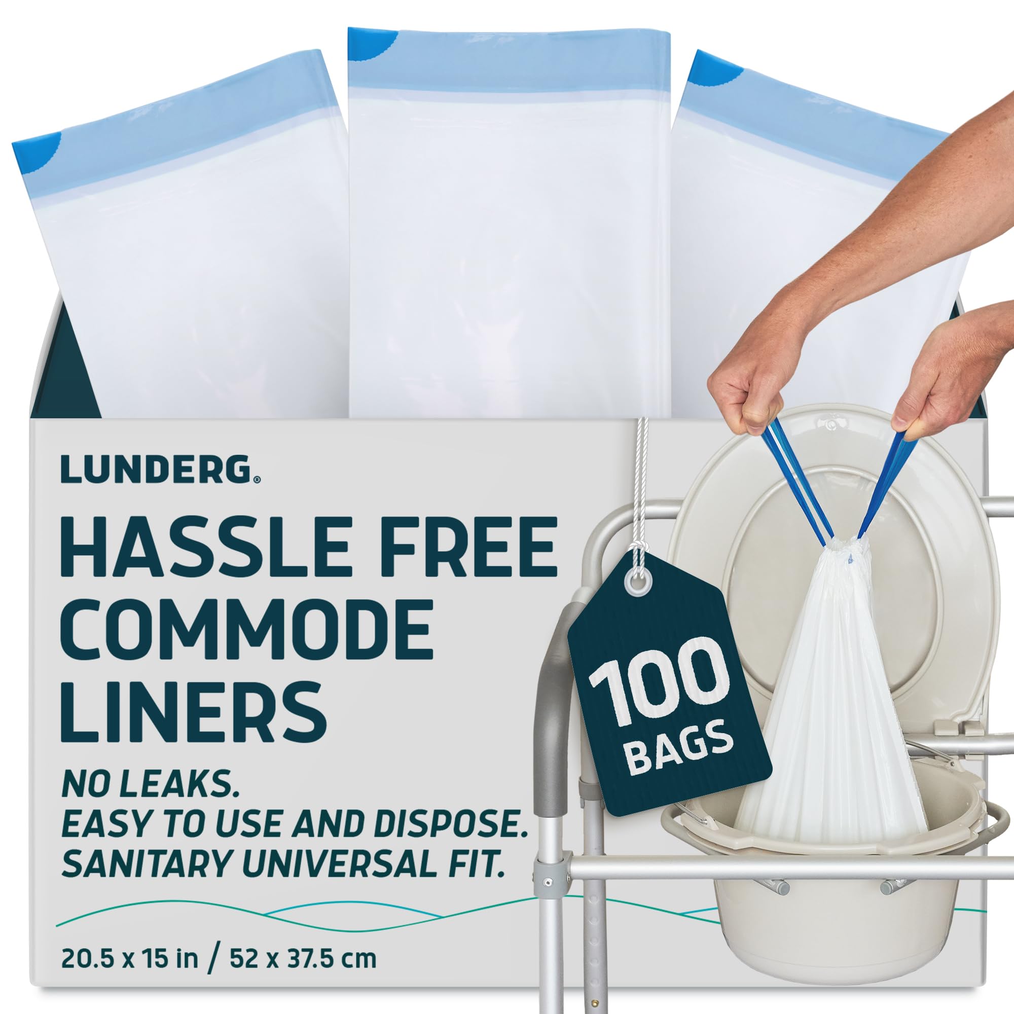 Lunderg commode liner value pack box with 100 medical-grade bags for home use.