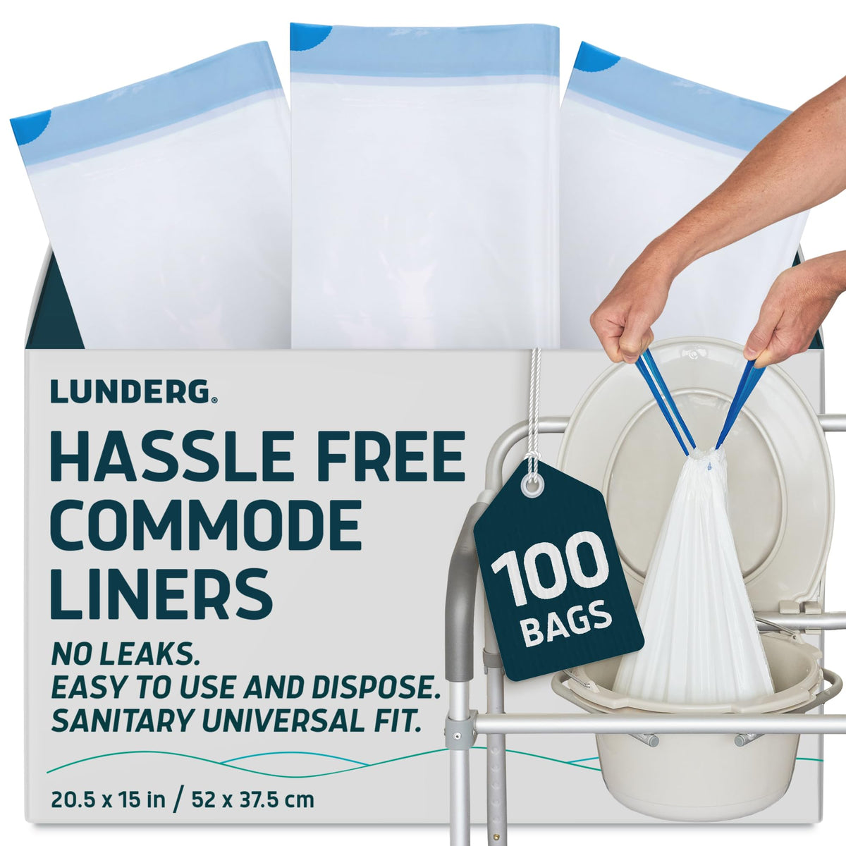 Lunderg commode liner value pack box with 100 medical-grade bags for home use.