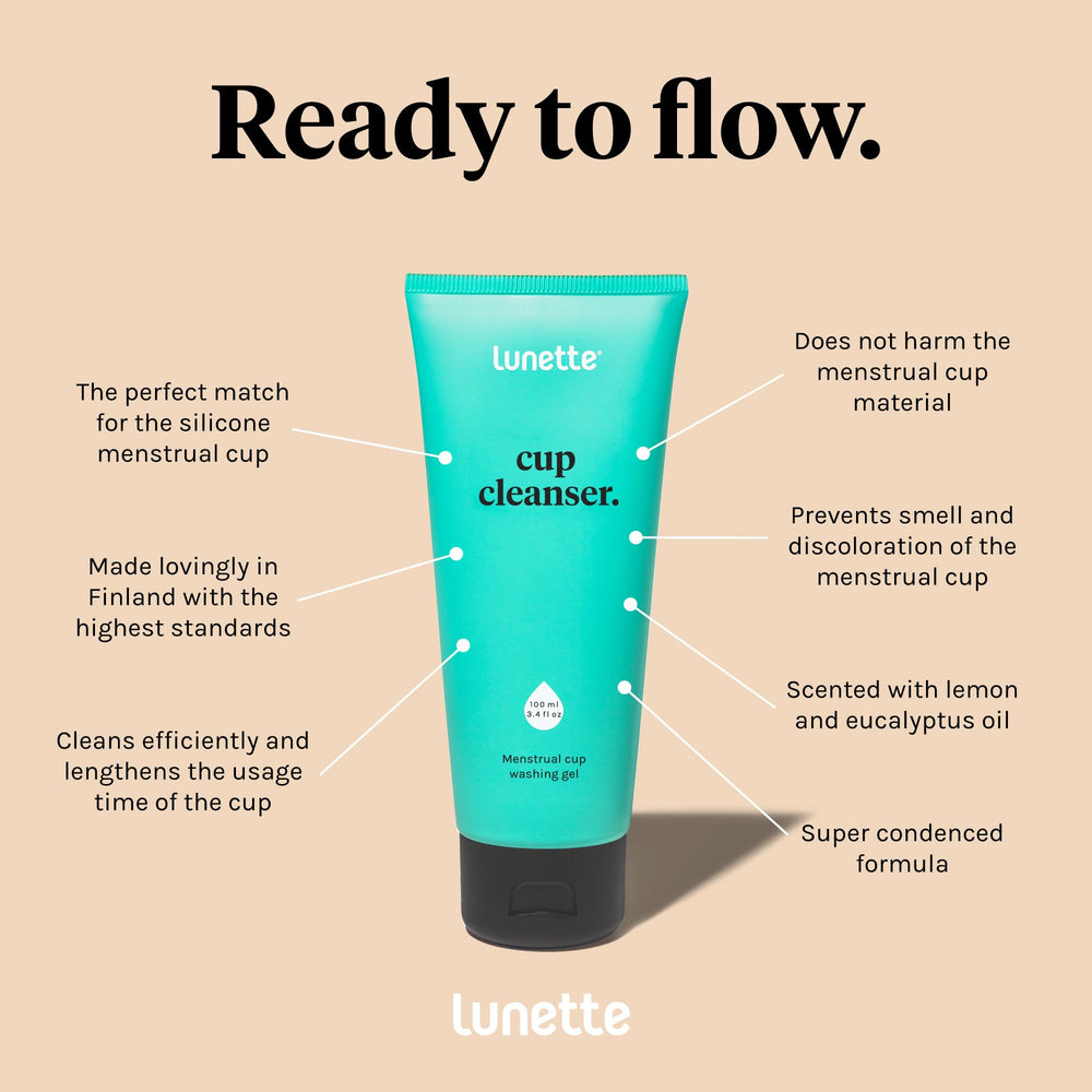 Lunette Cup Cleanser lemon eucalyptus scent enhances refreshing cup care.
