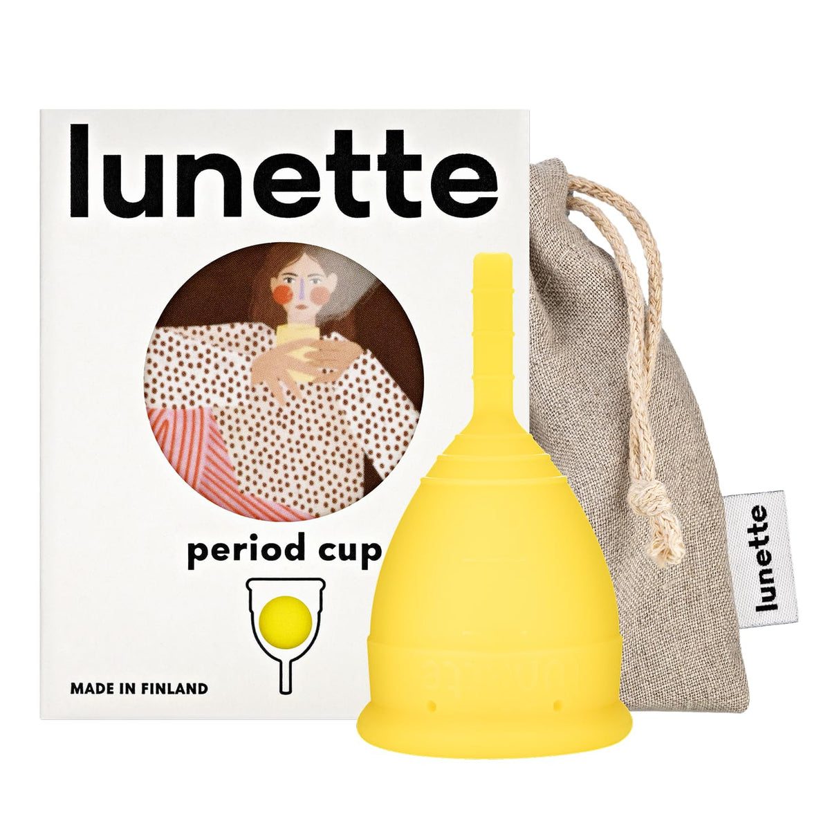 Lunette yellow Size 1 period cup showing compact design for all-day wear