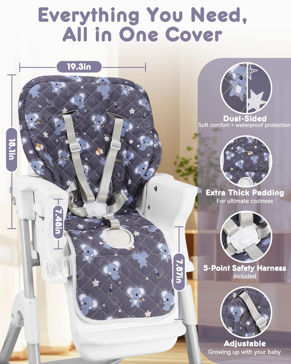 Lunobubo 5-point harness strap for secure seating on most chairs.