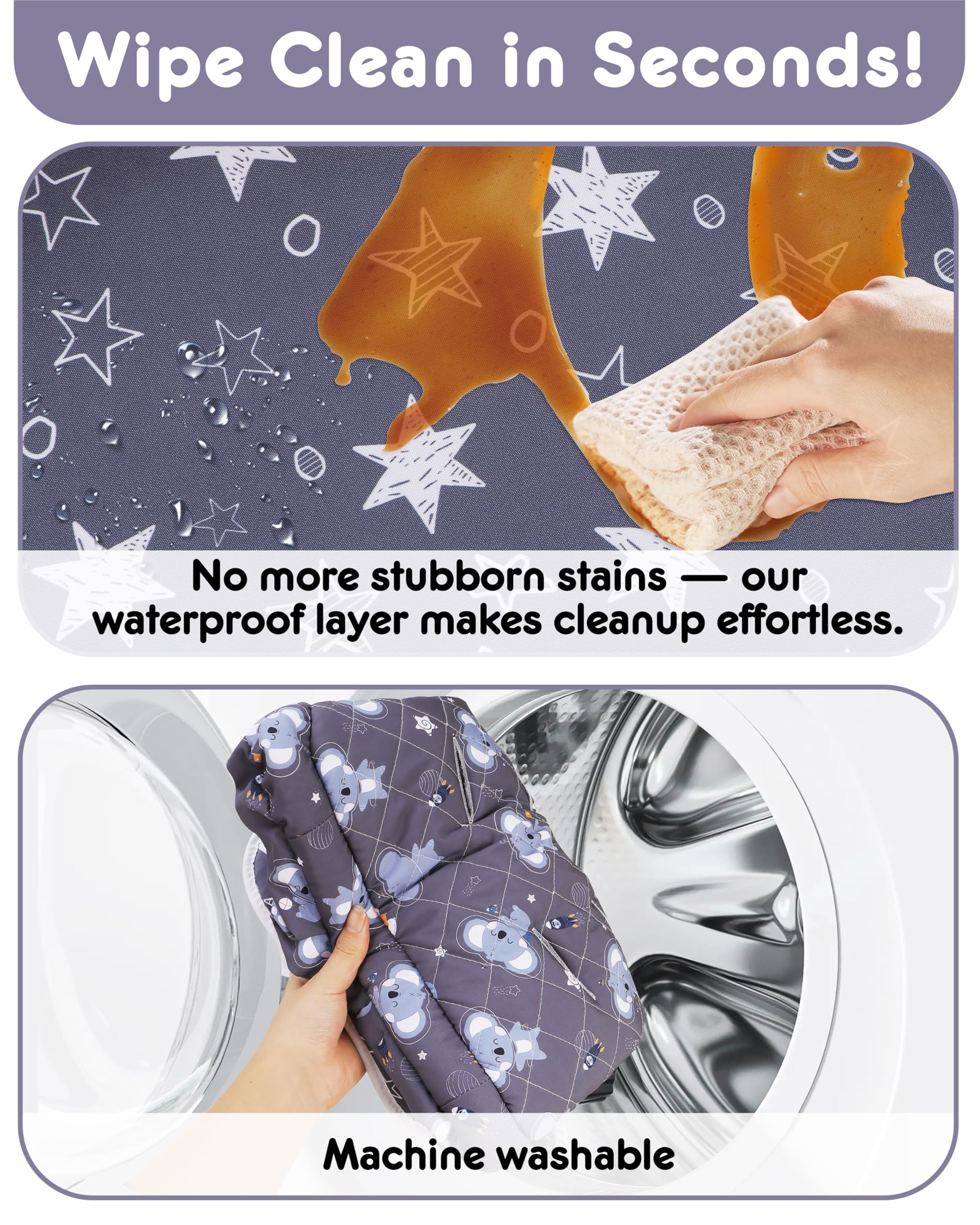 Lunobubo machine washable high chair pad for easy cleaning.