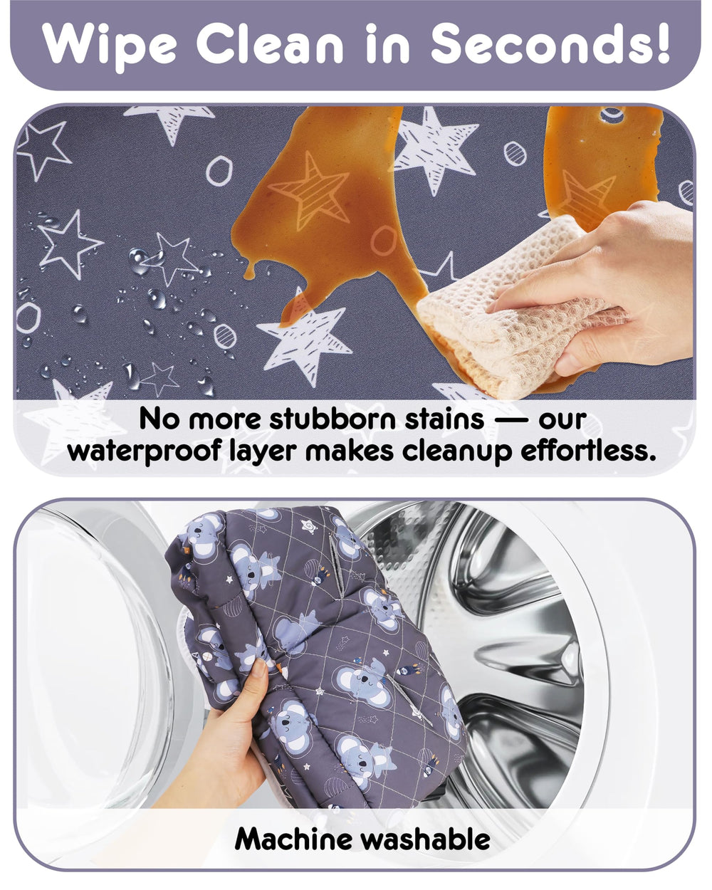 Lunobubo machine washable high chair pad for easy cleaning.