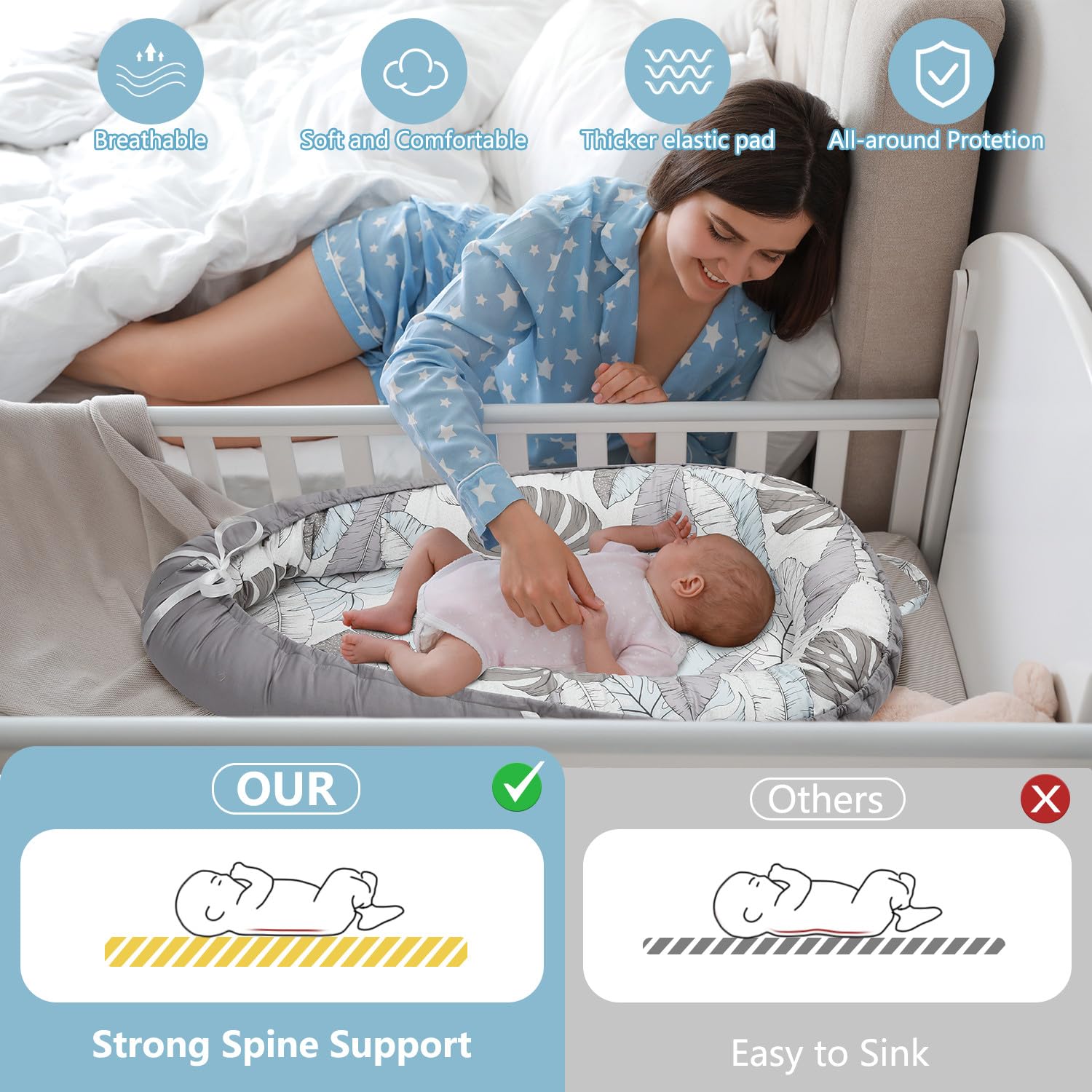Lurui Baby Lounger features soft organic cotton shell for gentle skin contact.