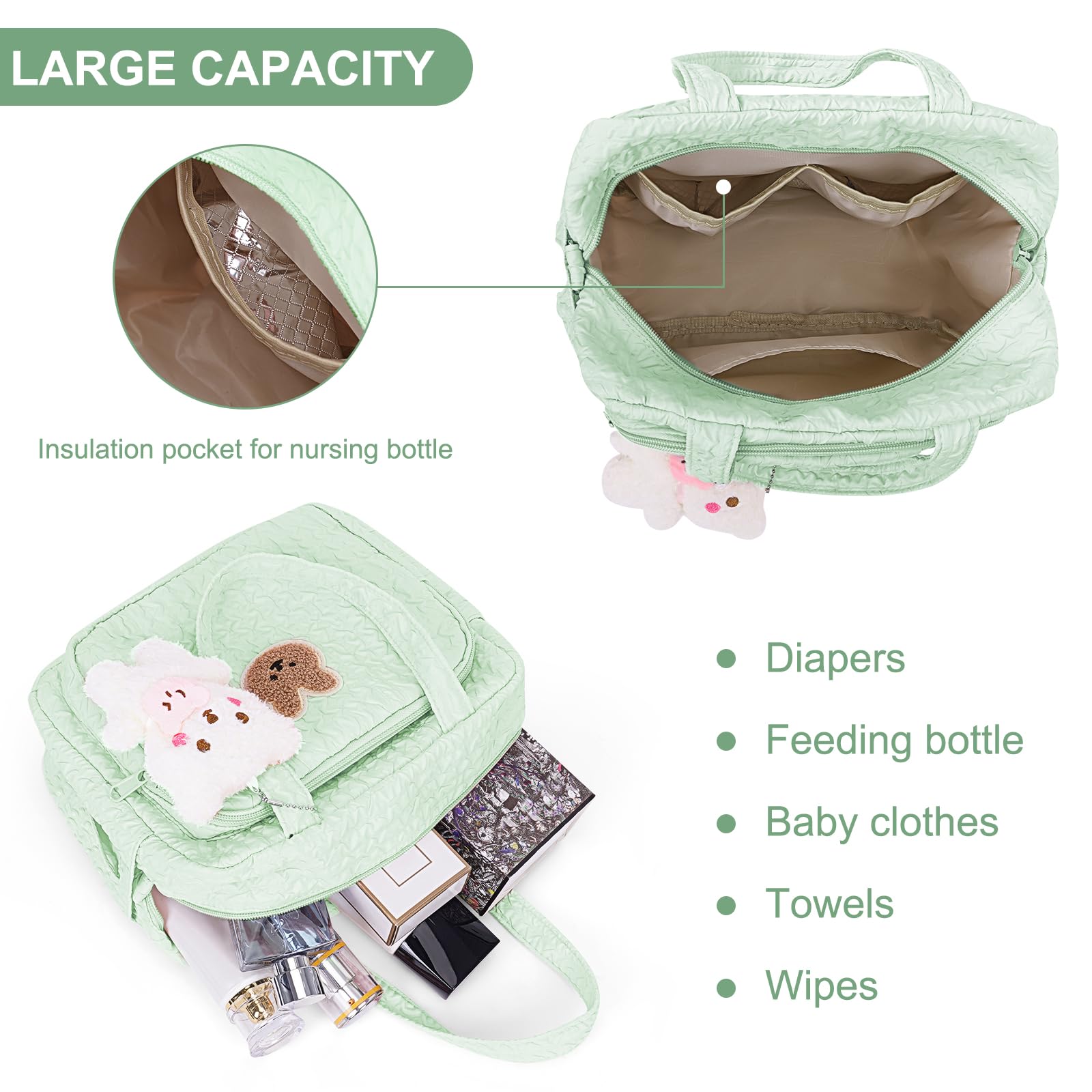 Lushandy baby bag tote side pocket with tissues for easy reach.