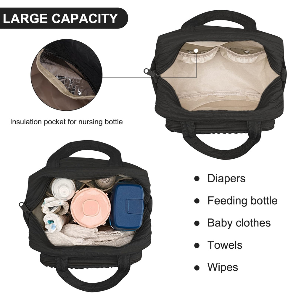 Lushandy diaper bag tote side pockets for easy bottle and tissue access.
