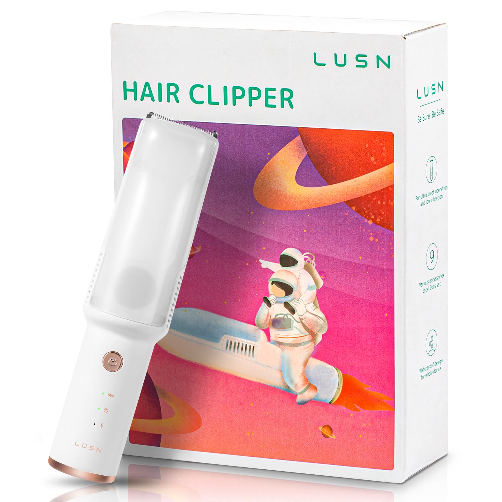 Cordless rechargeable LUSN hair clippers support quick, mess-free trims anywhere.