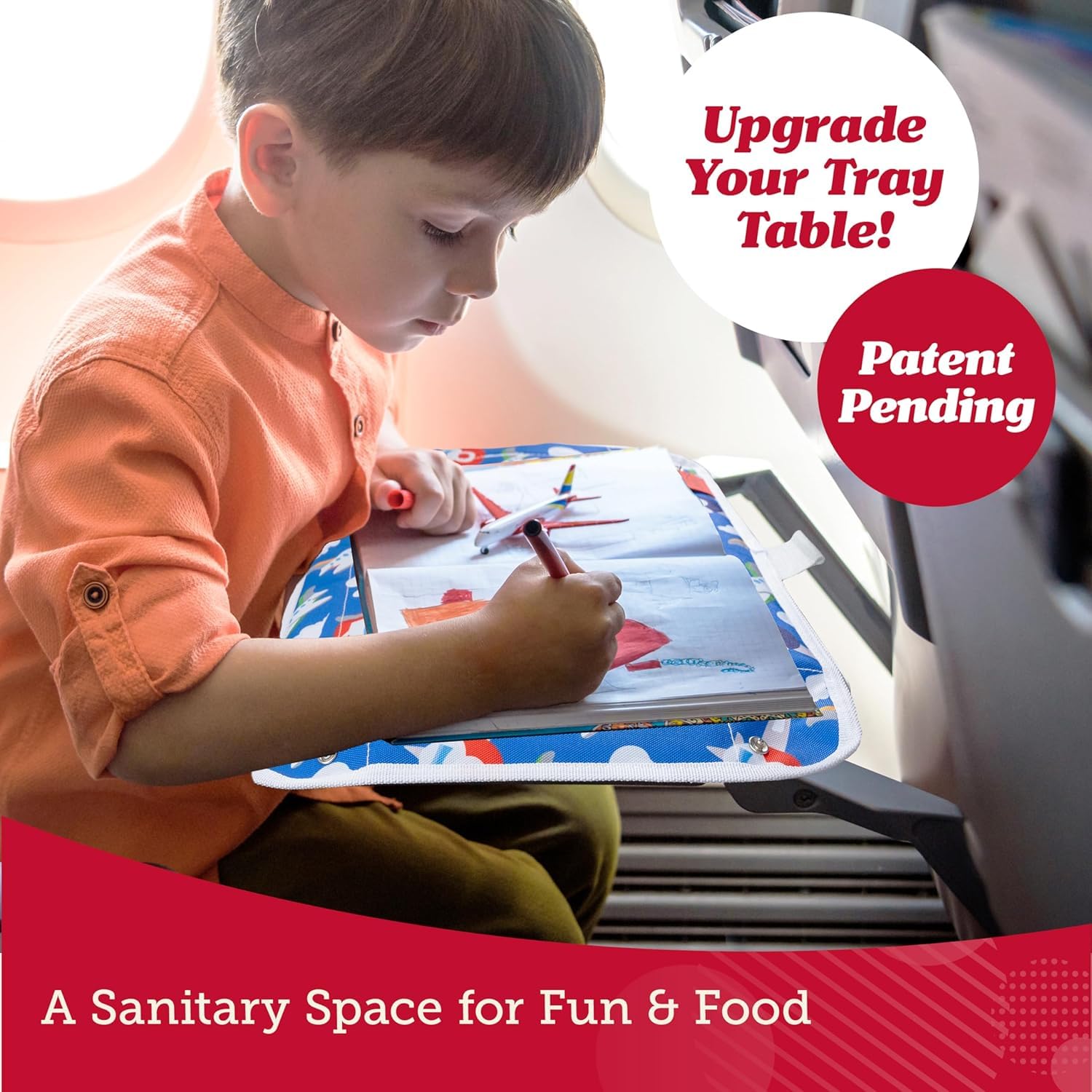 Lusso Gear linen cover creates a clean barrier on airplane trays for kids.