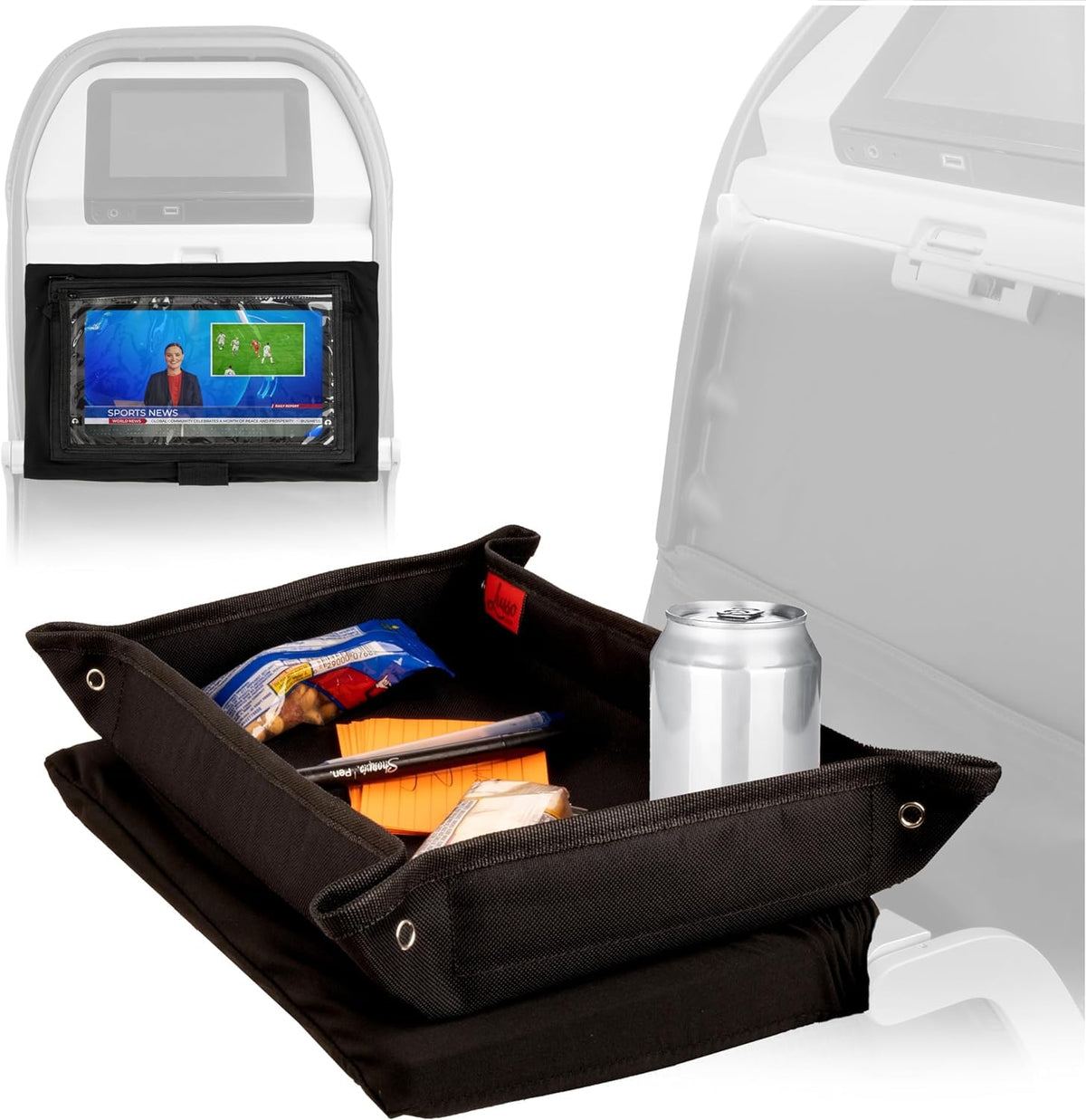 Lusso Gear Airplane Tray Cover with pockets for organized snacks and toys on flights.