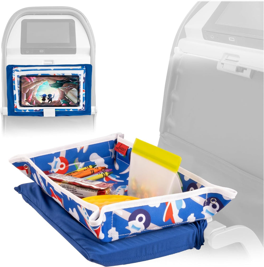 Lusso Gear airplane tray cover with snack pockets keeps meals and toys within easy reach.