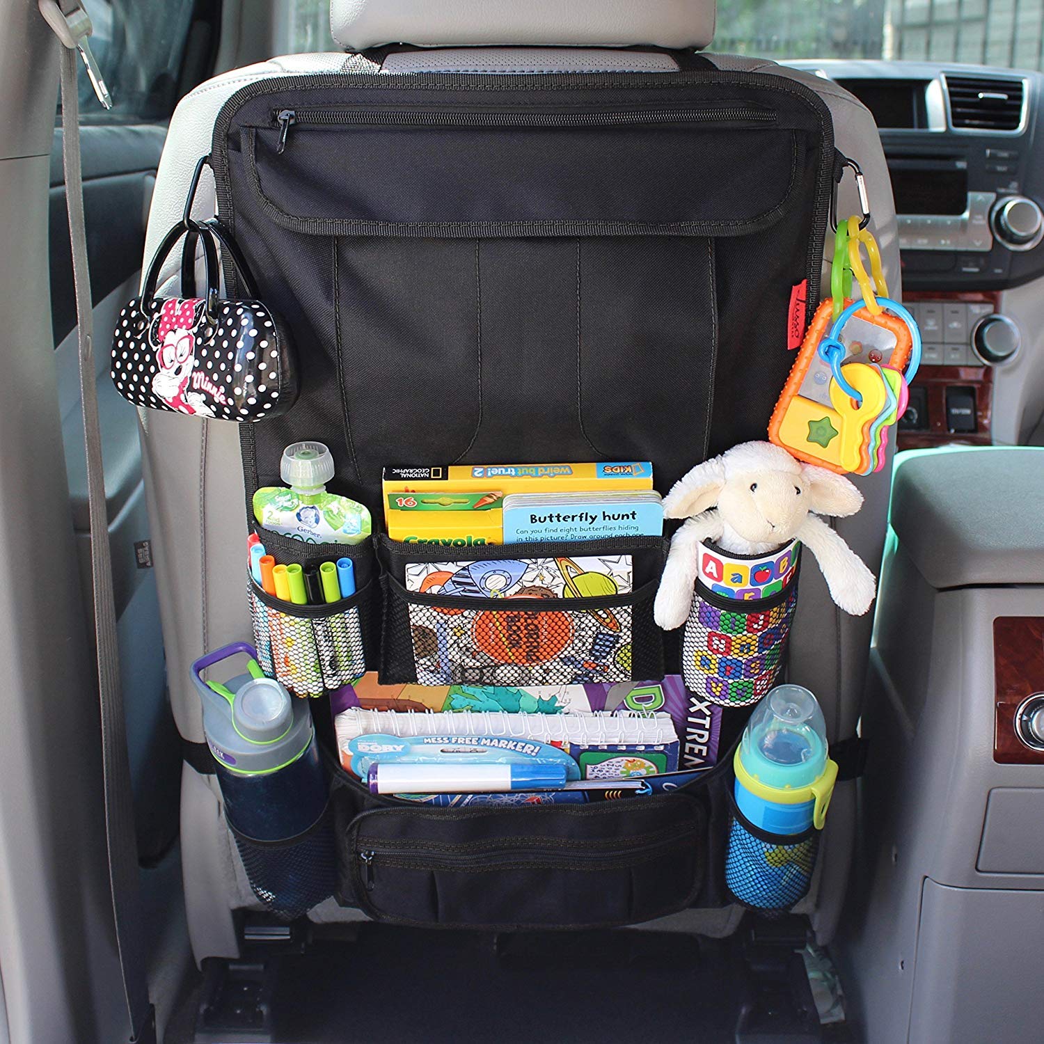 Lusso Gear gray backseat organizer with side pocket detail for quick bottle or toy access