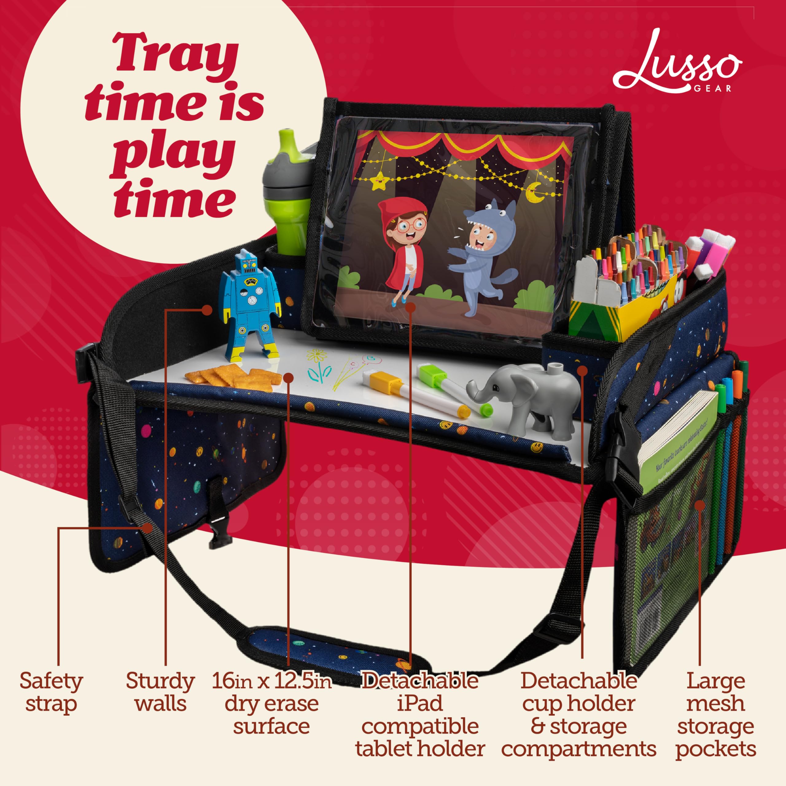 Lusso Gear tray mesh pockets store toys and snacks neatly