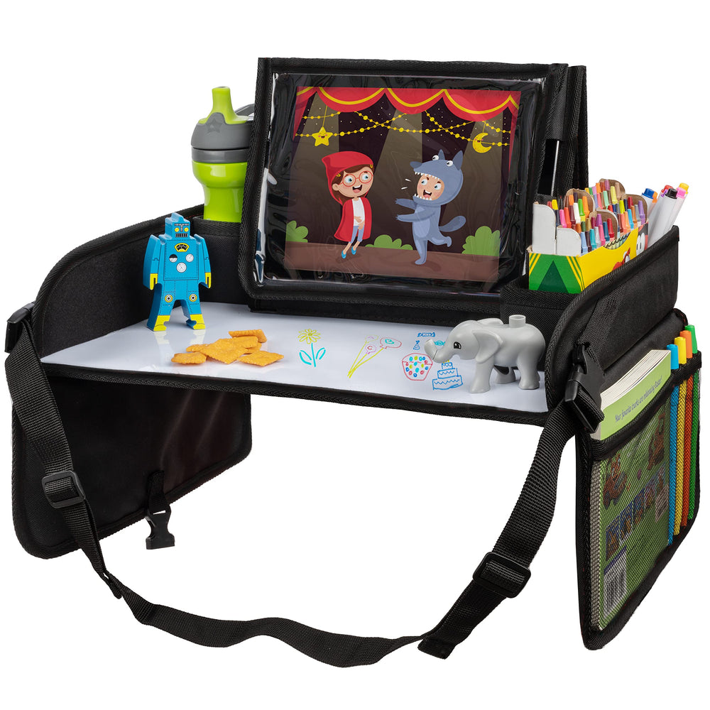 Lusso Gear car seat tray with dry-erase lap desk for organized travel activities.