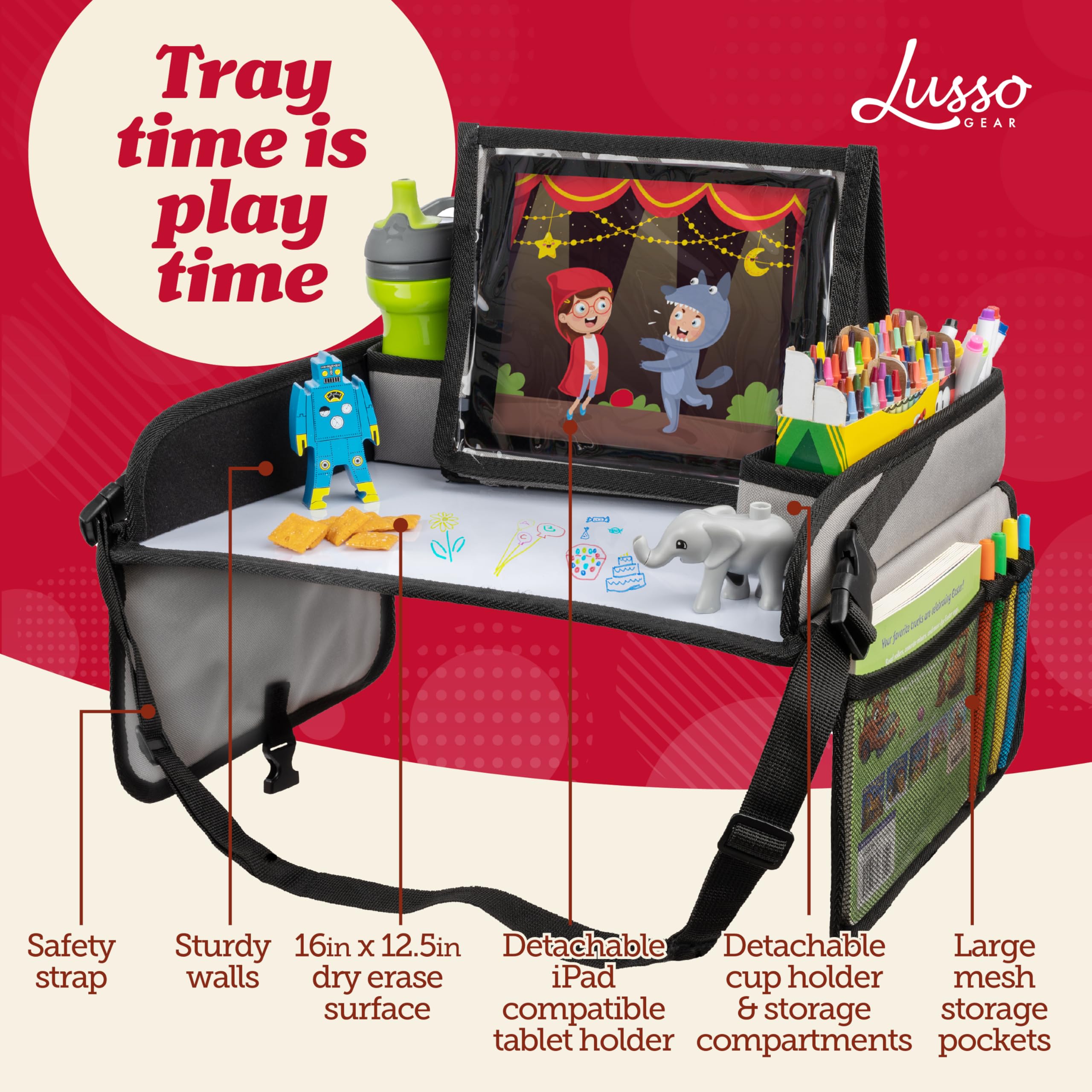 Lusso Gear dry erase top tray offers quick activities on the go.