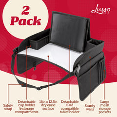 Lusso Gear Kids Lap Desk Tray shows mesh pockets for snack organization