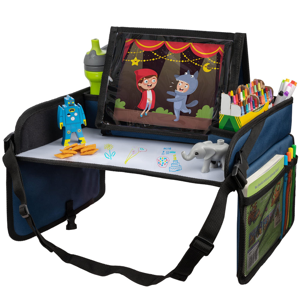Lusso Gear Kids Travel Tray blue top provides a sturdy surface for meals and play on the go.