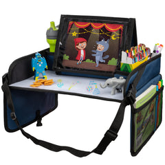 Lusso Gear Kids Travel Tray blue top provides a sturdy surface for meals and play on the go.