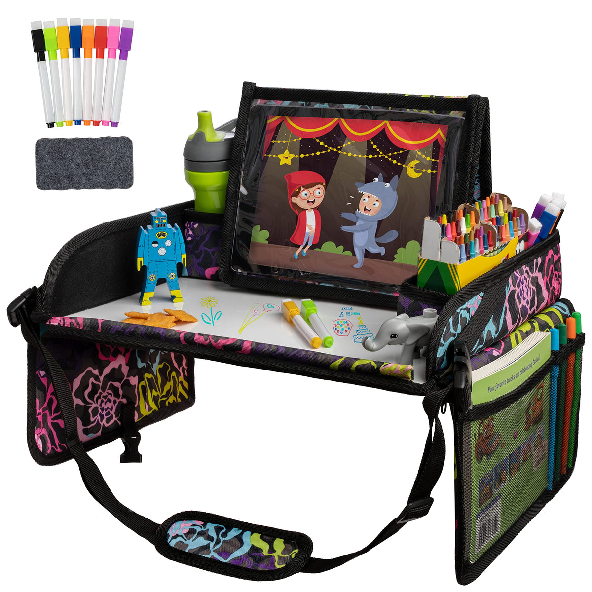 Lusso Gear kids travel tray floral table setup for car seat travel