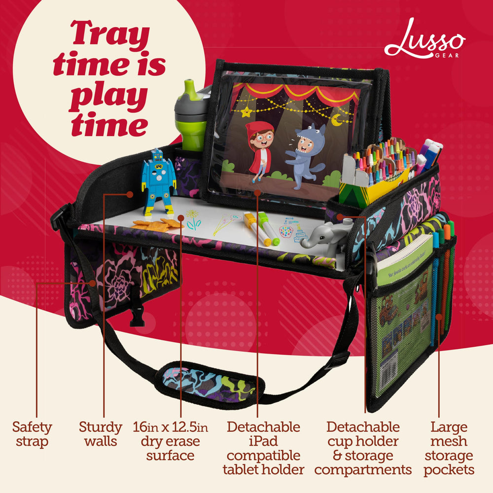 Lusso Gear travel tray floral tablet holder keeps devices steady on trips