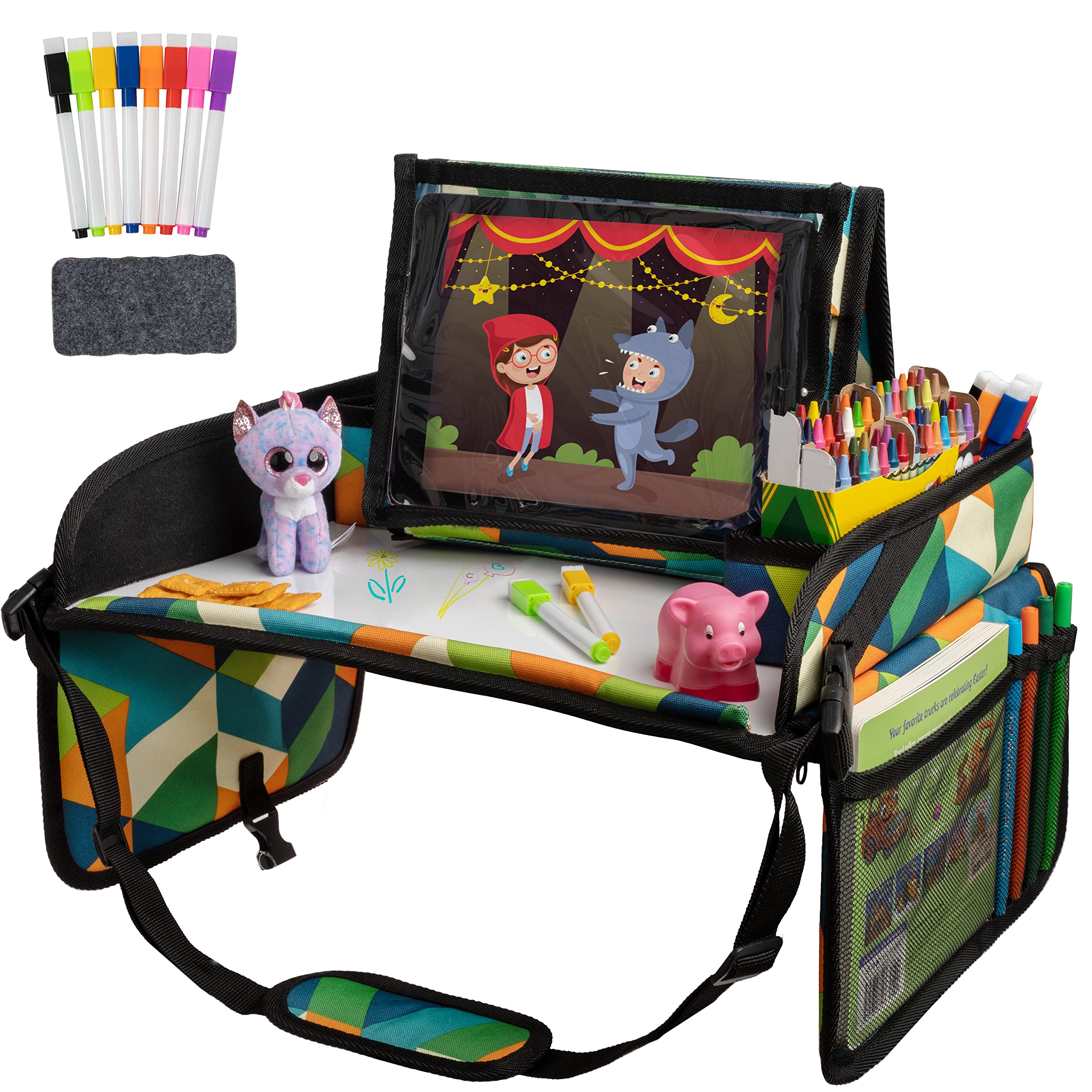 Lusso Gear Kids Travel Tray geometric front view keeps toys organized during car trips.
