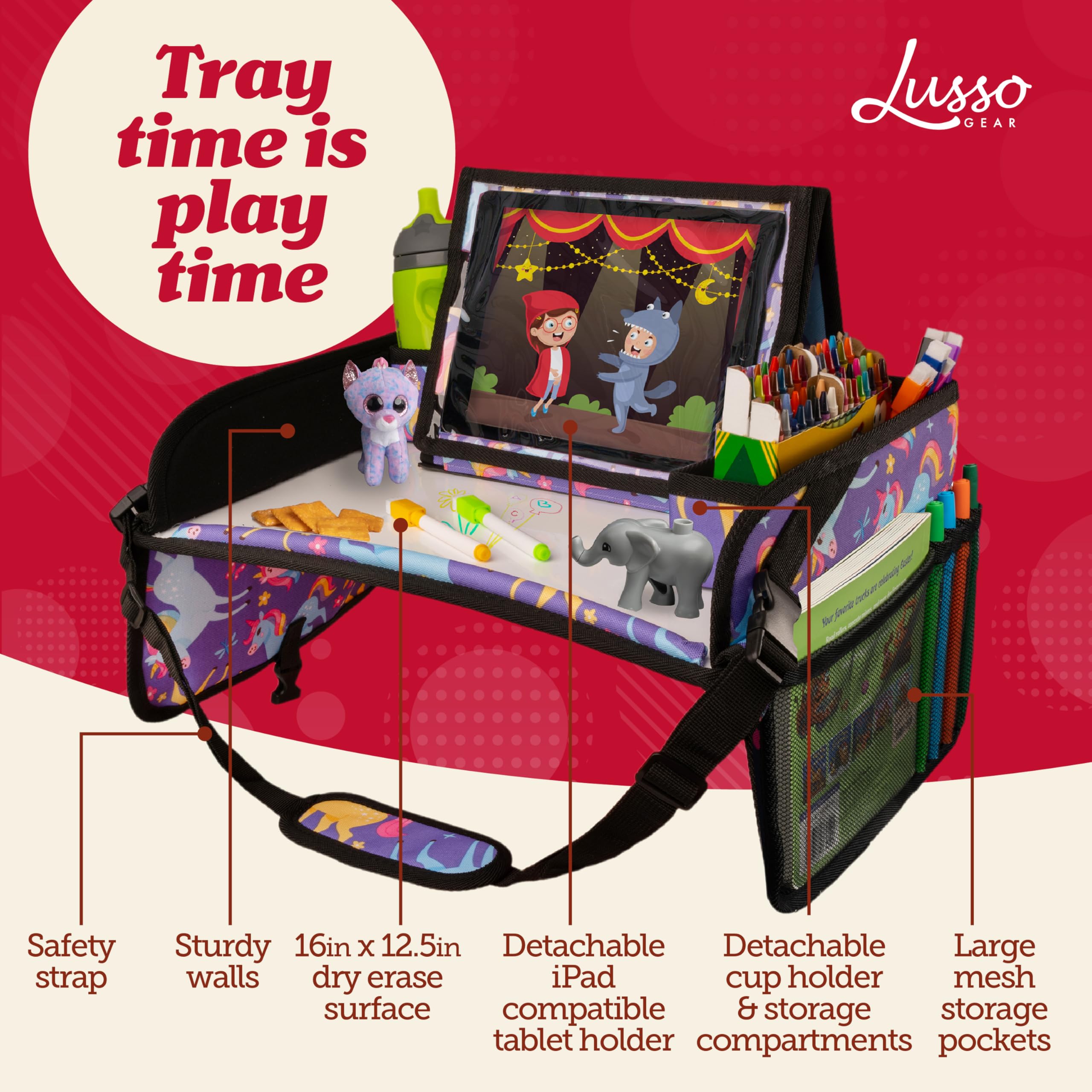 Purple unicorns Lusso Gear tray stabilizing a tablet in car travel