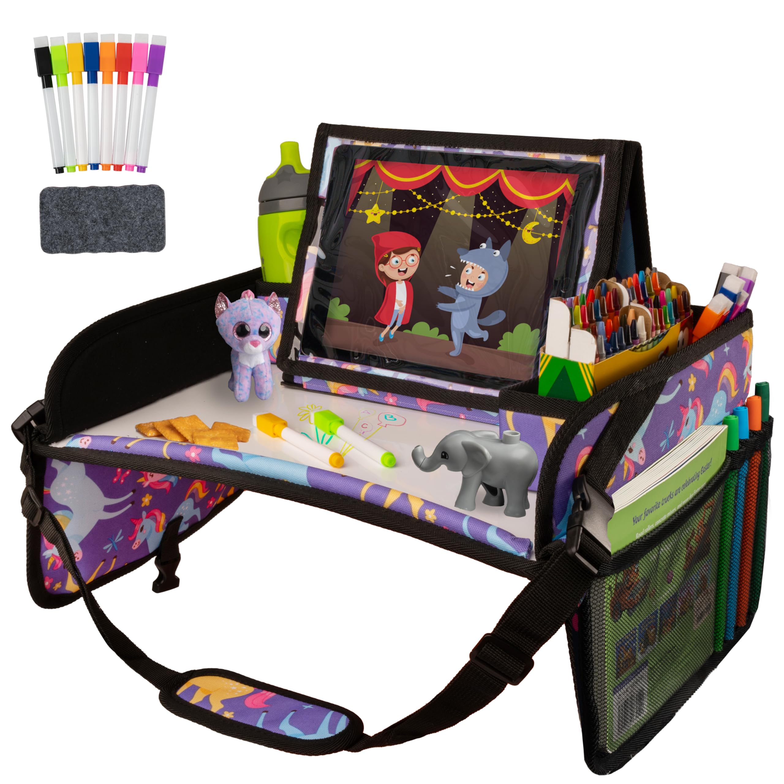 Lusso Gear travel tray in purple unicorns on a car lap for snacks and activities