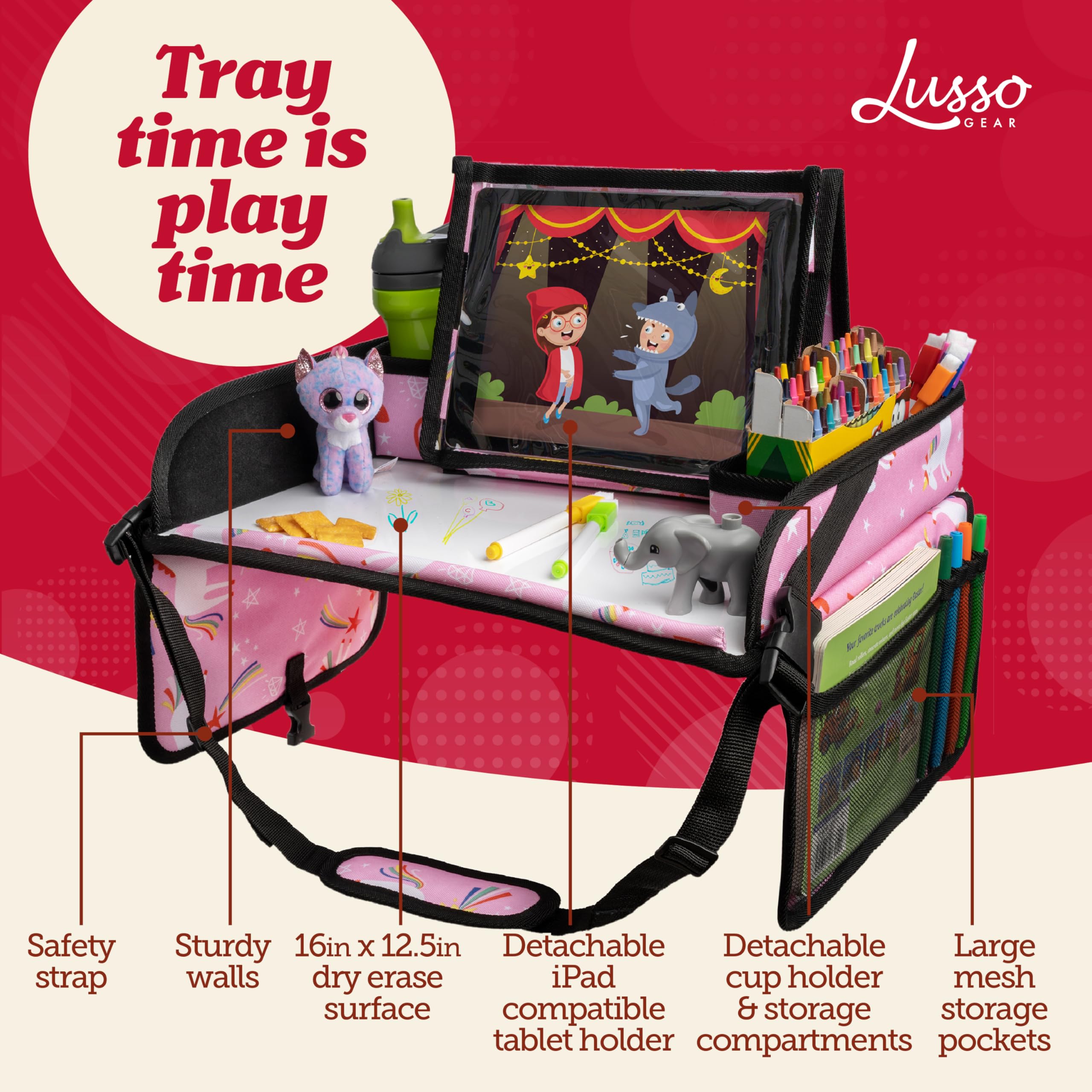 Lusso Gear Travel Tray with tablet holder secures devices for car journeys