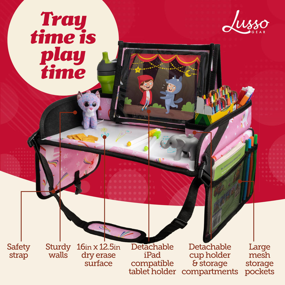 Lusso Gear Travel Tray with tablet holder secures devices for car journeys