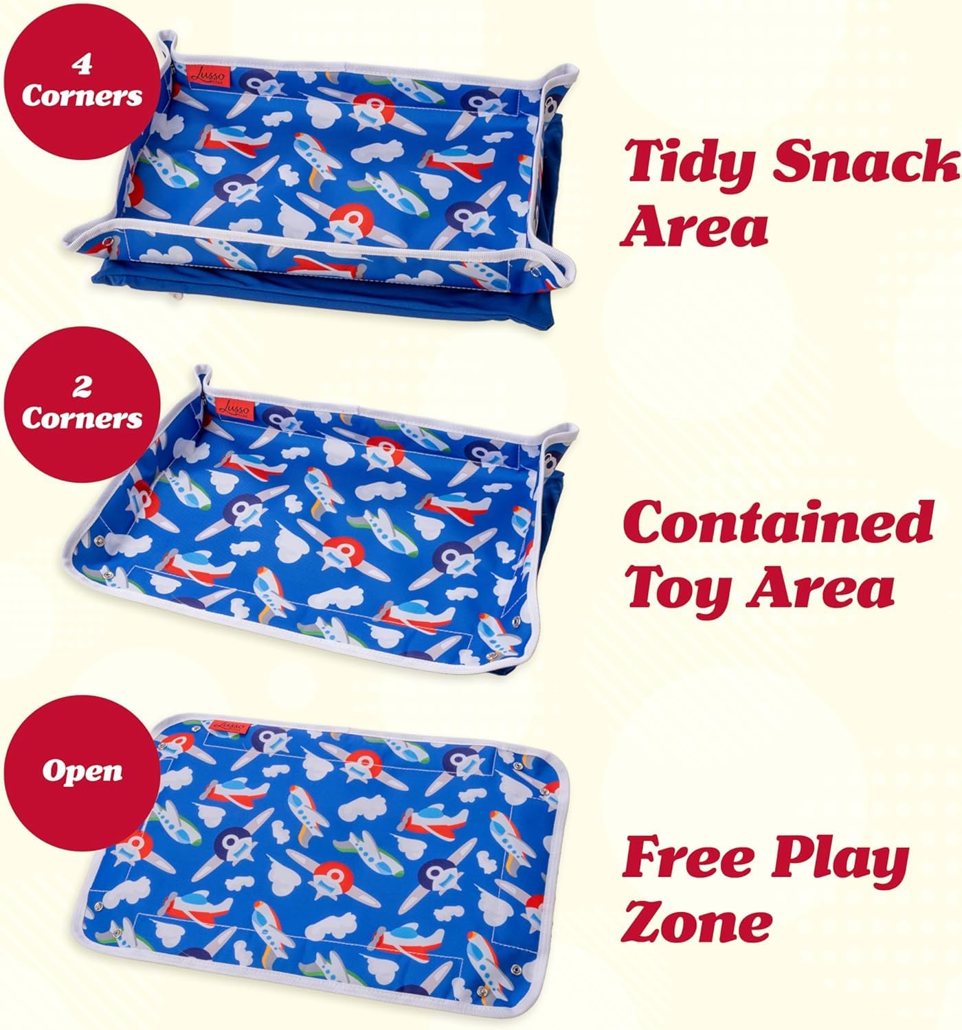 Lusso Gear travel tray washable mat keeps toys and snacks tidy during flights.
