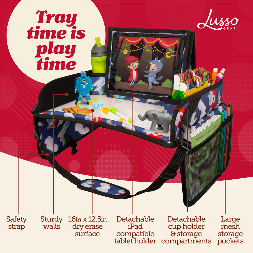 Lusso Gear dry erase surface shown for kid activities during travel.