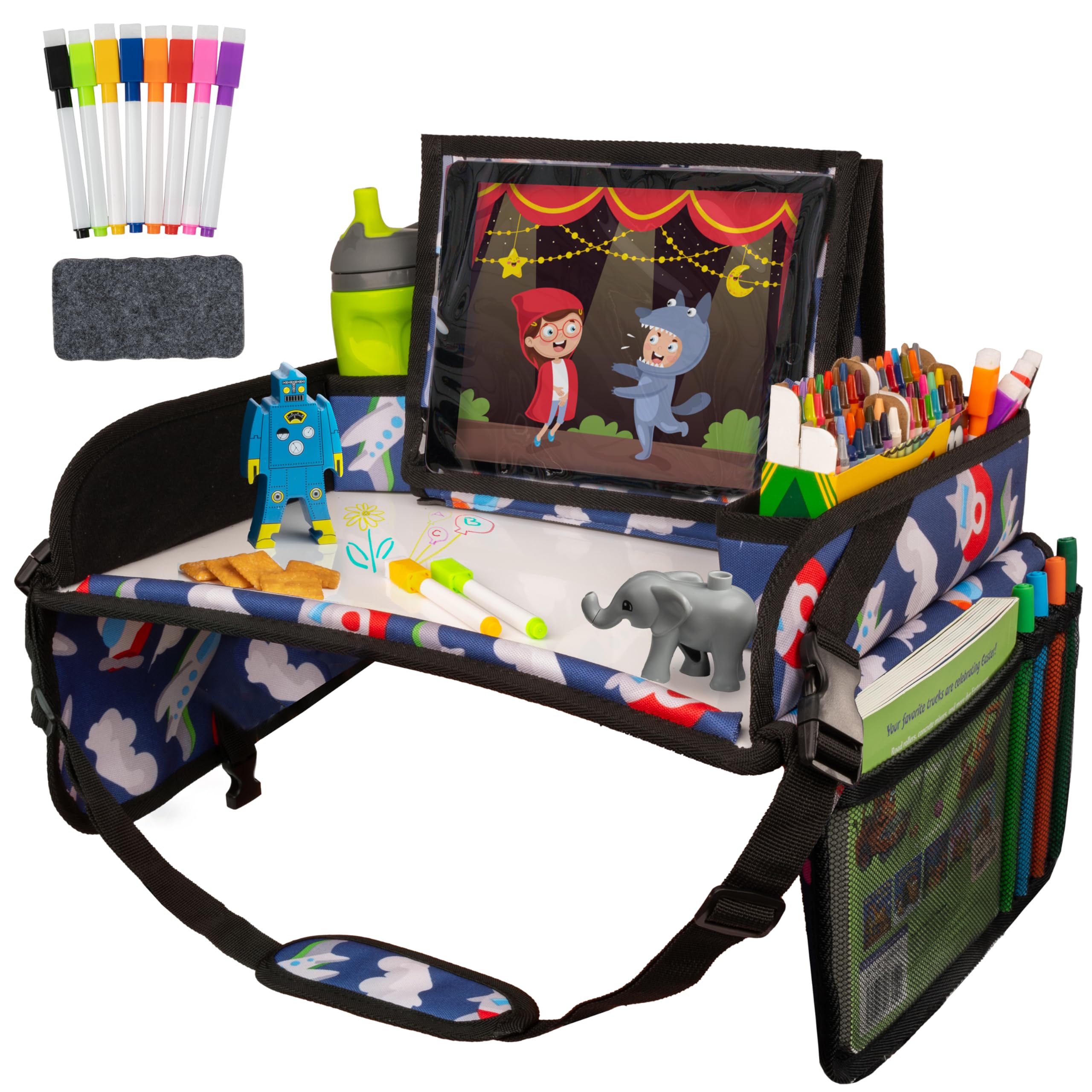 Lusso Gear Kids Travel Tray for car seat desk with organized snacks.