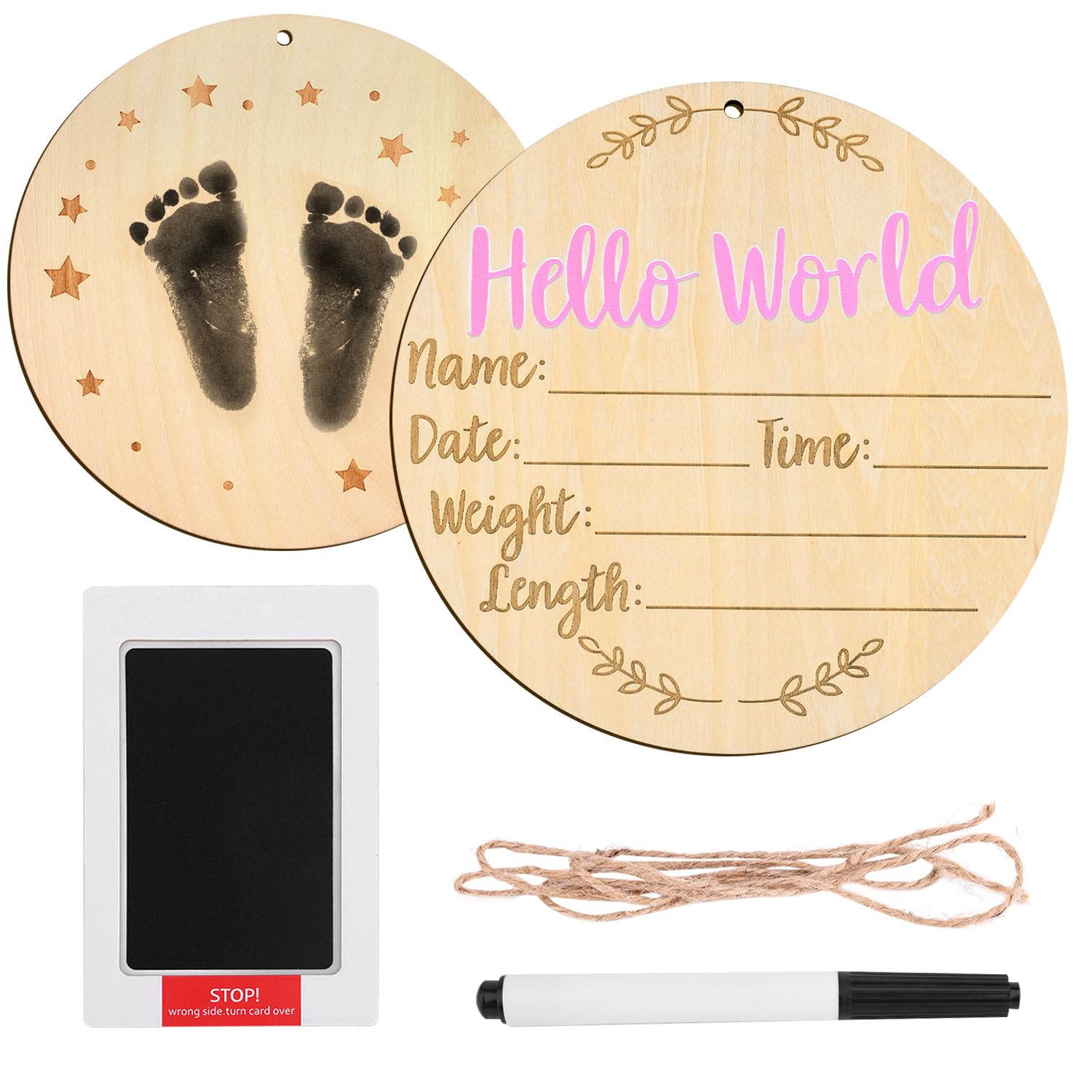 LUTER Hello World sign pink 6in round ideal for baby photos and nursery decor.