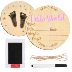 LUTER Hello World sign pink 6in round ideal for baby photos and nursery decor.