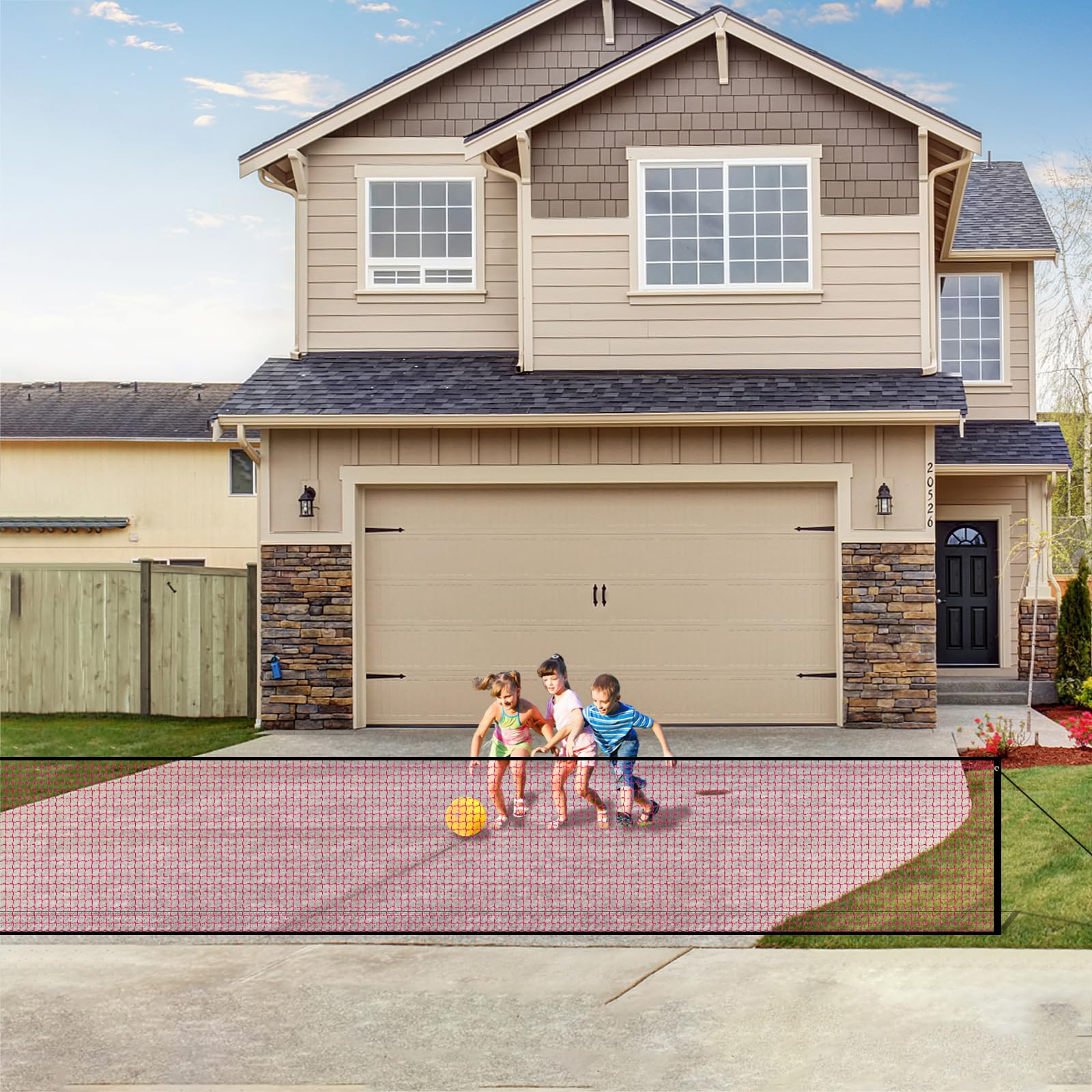LUTICO driveway net red gate stops balls from rolling toward the street, protecting kids at play.