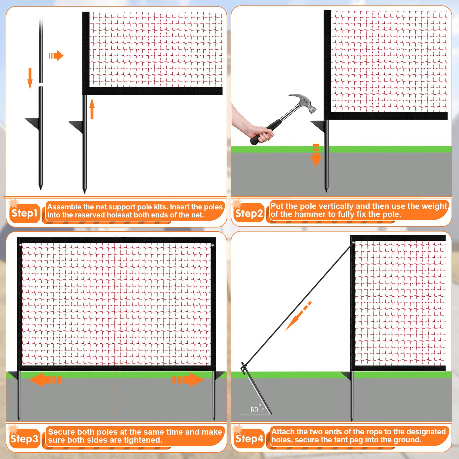 LUTICO driveway net includes heavy-duty stakes and tent pegs for quick secure setup.