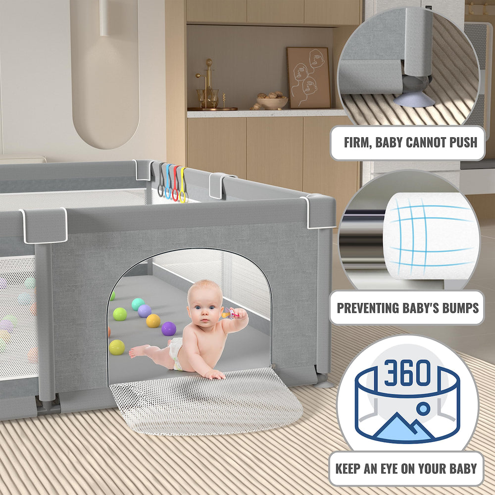 Zippered exterior gate increases supervision and security during play.