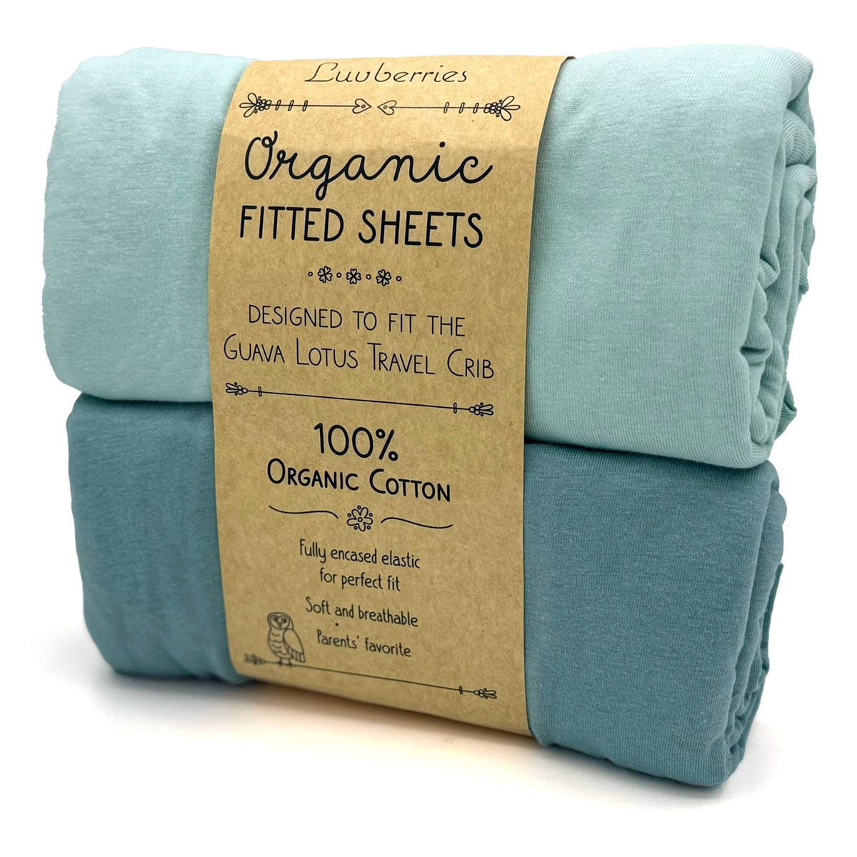 Luvberries Guava Lotus crib sheets in blue tones offer a calm, hypoallergenic sleep surface.