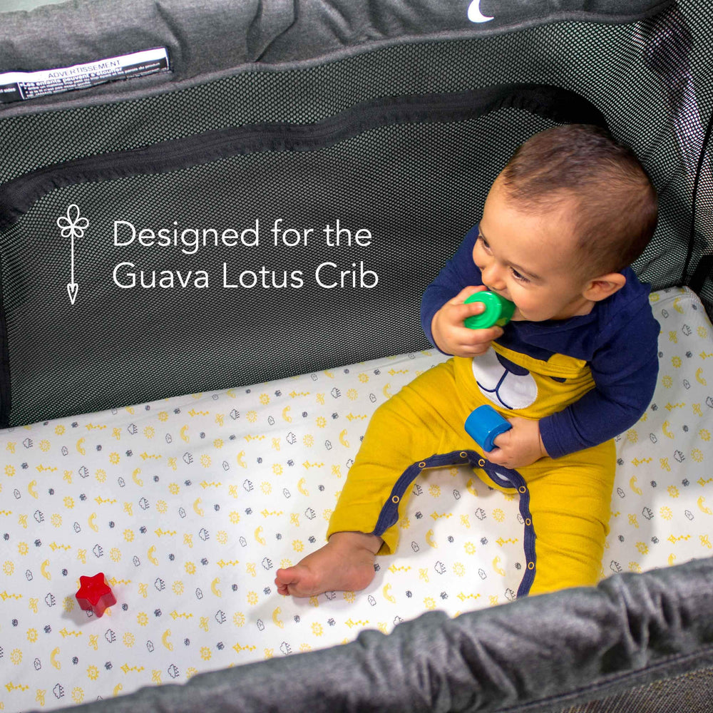 Luvberries Guava Lotus travel crib sheets fit the 4-tab mattress securely for naps