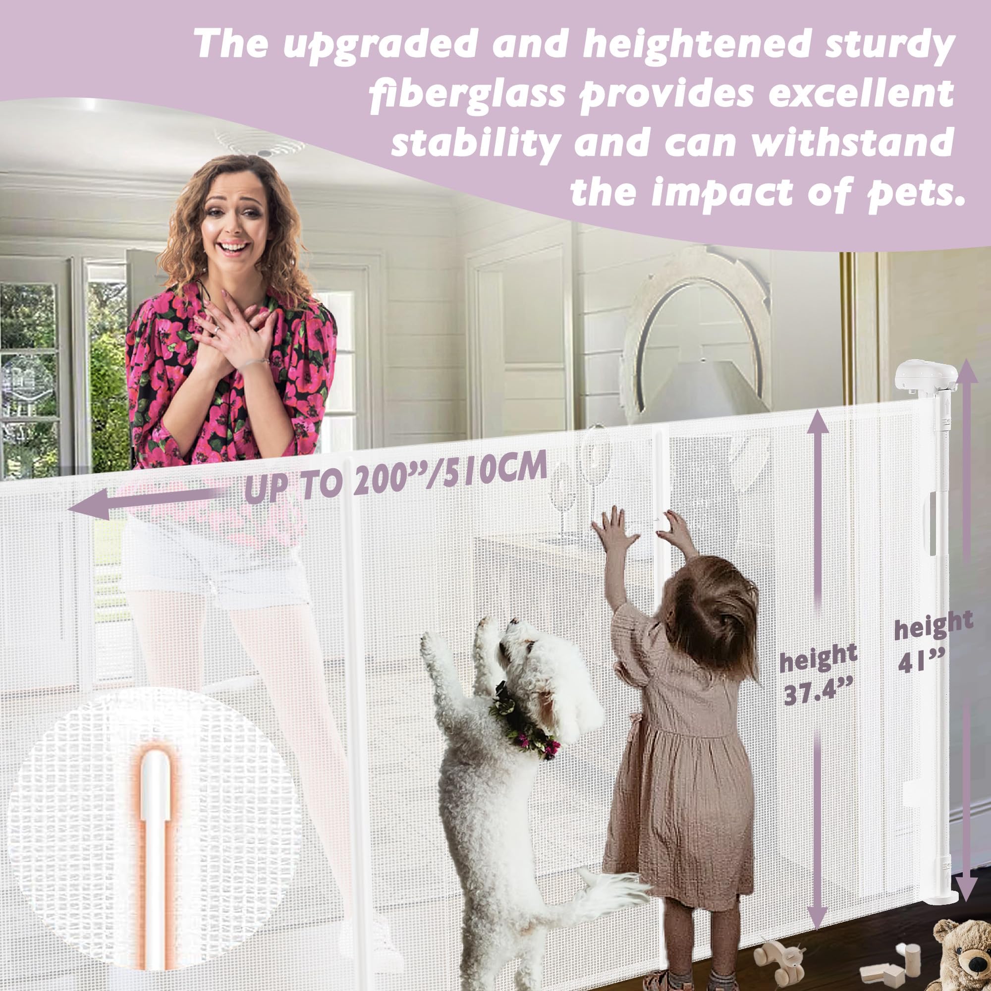 Luvcoo 41-inch tall gate shown at stairs for extra height and safety